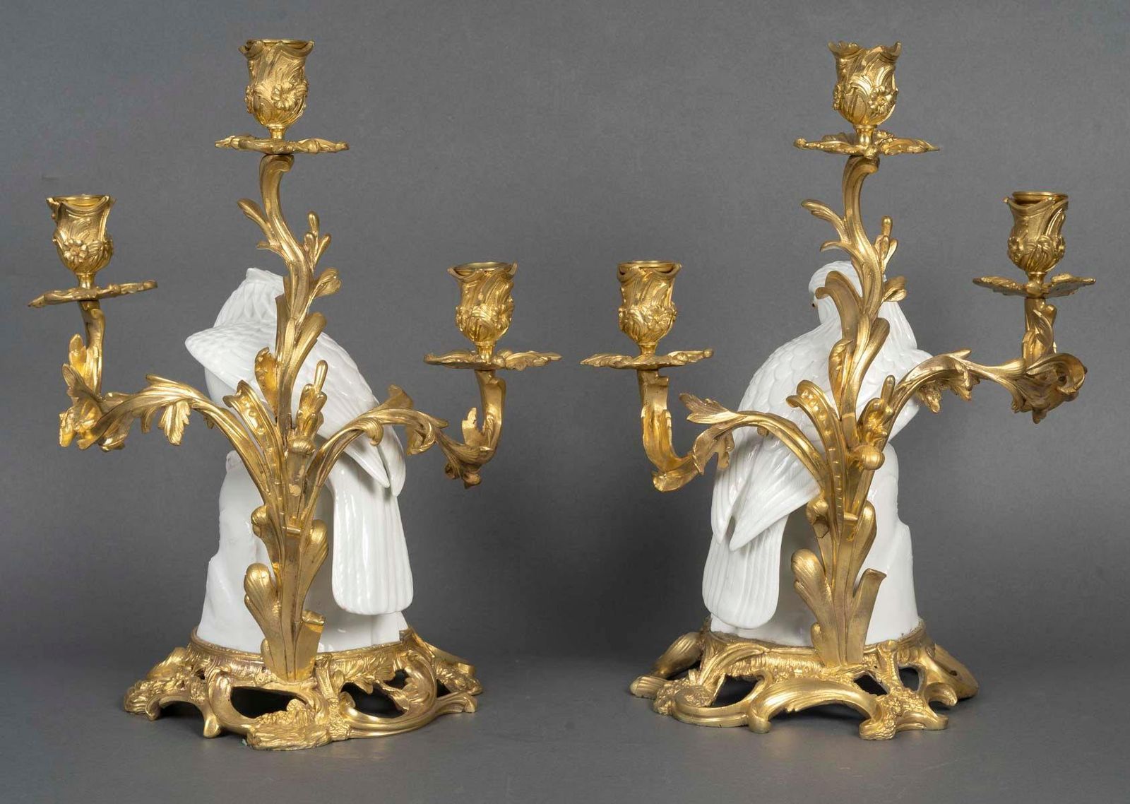 Pair Of Gilt Bronze Candelabras, Falcons In Japanese Porcelain, 19th Century. photo Home Decor