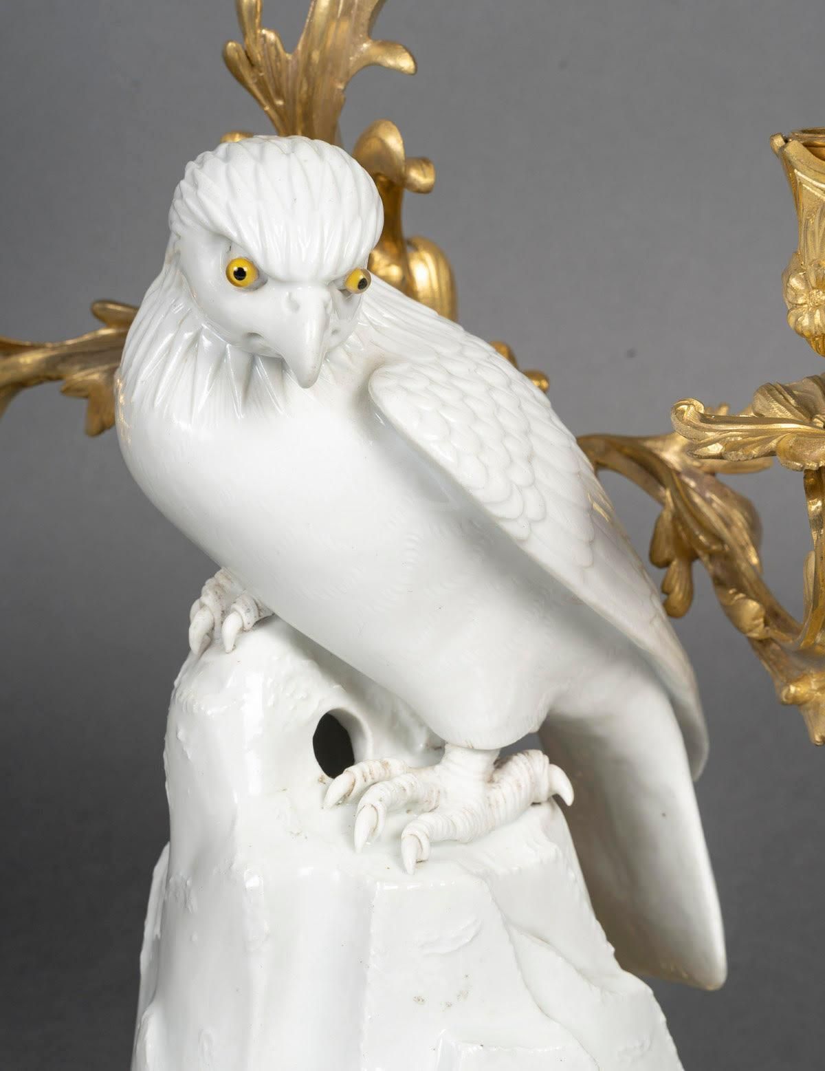 Pair Of Gilt Bronze Candelabras, Falcons In Japanese Porcelain, 19th Century. photo buy