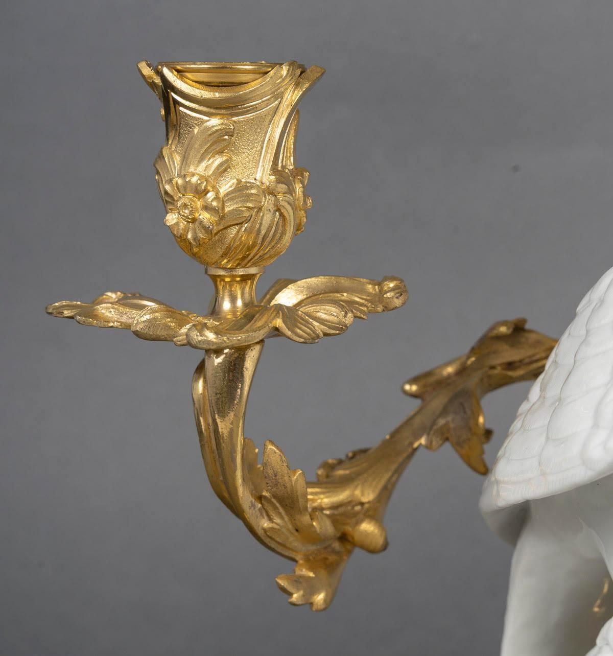 Home Decor Pair Of Gilt Bronze Candelabras, Falcons In Japanese Porcelain, 19th Century. photo