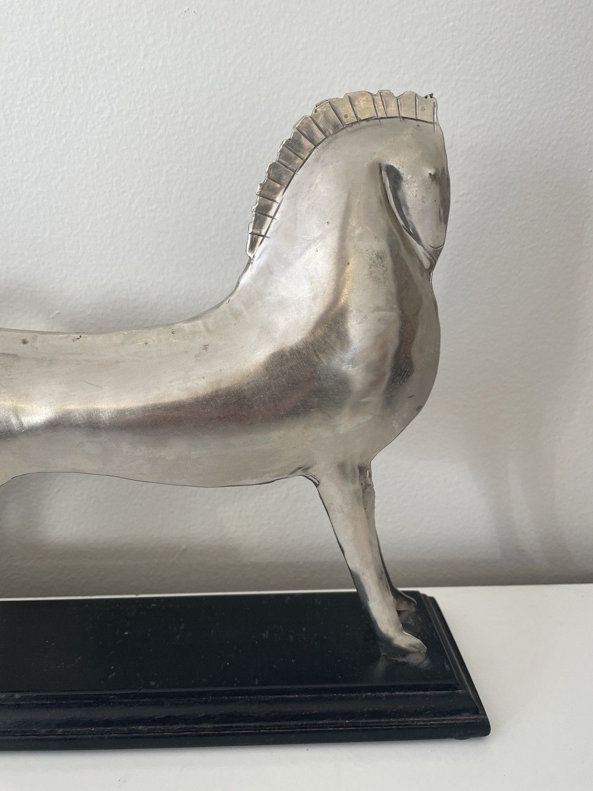 Vintage Etruscan Art Deco Style White Metal Horse On Wooden Plinth photo 82.0