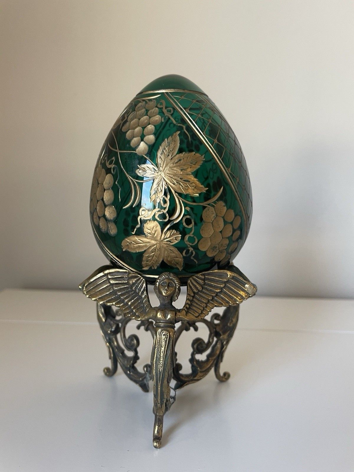 photo furniture Peterhof Emerald Green & Gold Crystal Egg Hand Made Ornate Stand After Fabergé