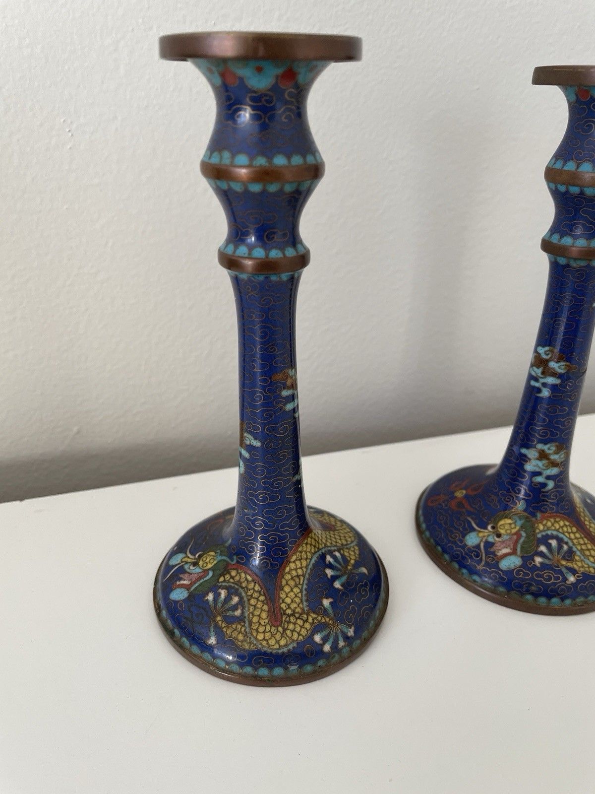Vintage Pair Of Beautiful Chinese Cloisonne Blue Enamel Dragon Candlestick photo for sale