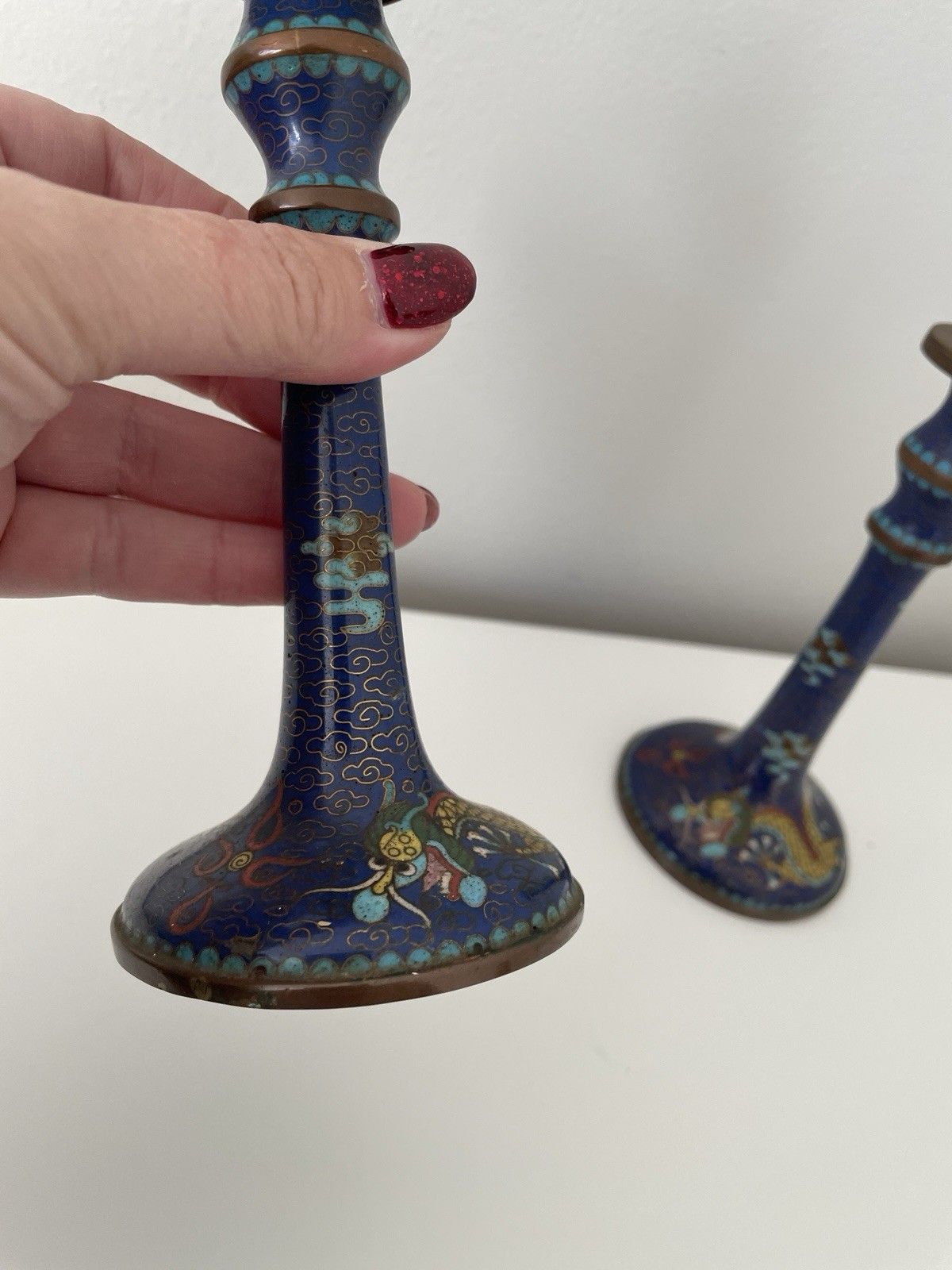 Vintage Pair Of Beautiful Chinese Cloisonne Blue Enamel Dragon Candlestick photo Home Decor