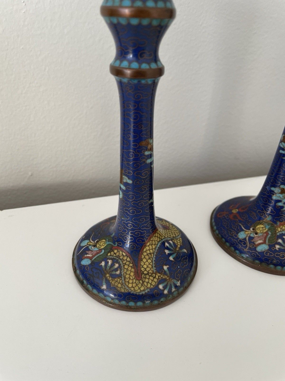 Vintage Pair Of Beautiful Chinese Cloisonne Blue Enamel Dragon Candlestick photo buy