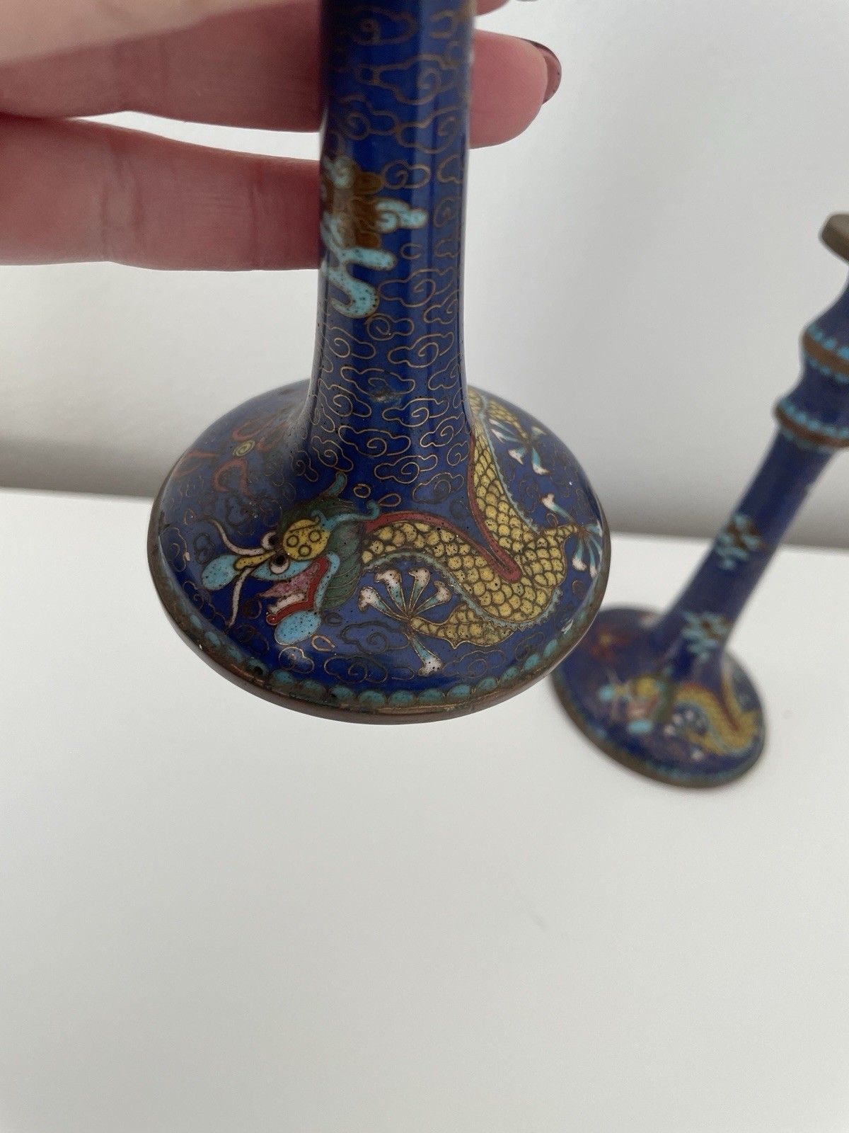 Vintage Pair Of Beautiful Chinese Cloisonne Blue Enamel Dragon Candlestick photo vintage
