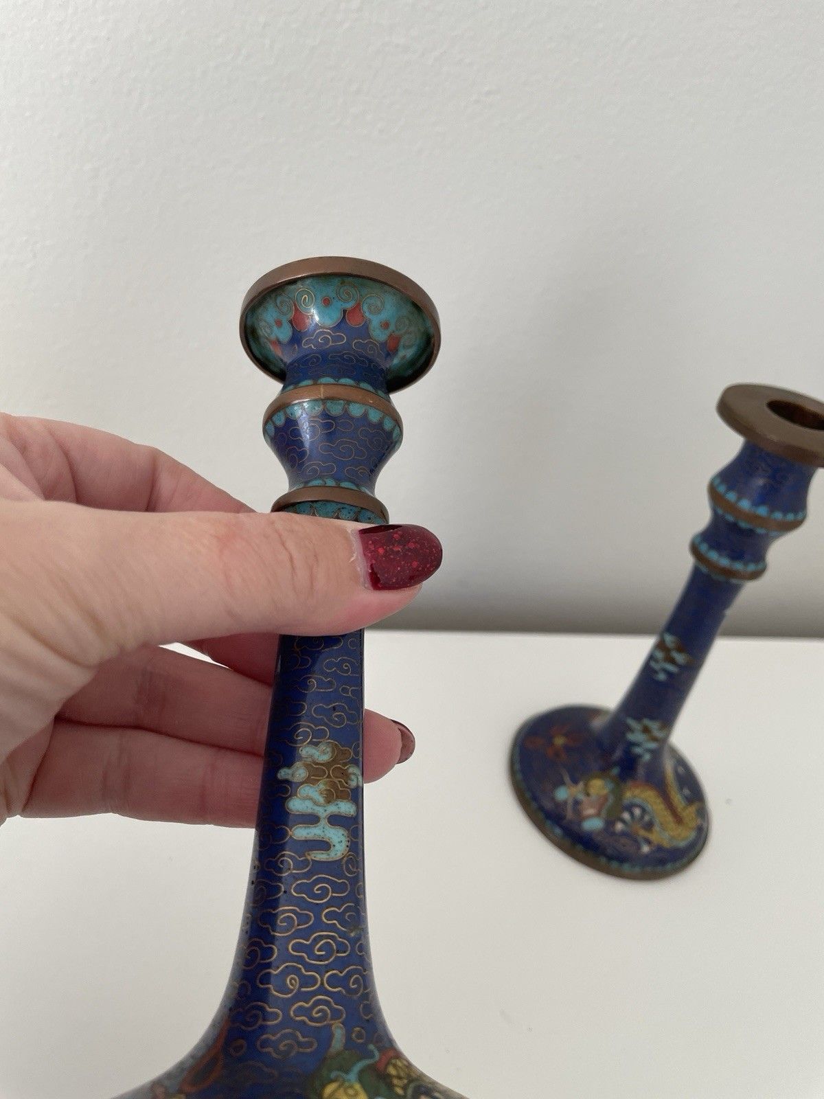 Home Decor Vintage Pair Of Beautiful Chinese Cloisonne Blue Enamel Dragon Candlestick photo