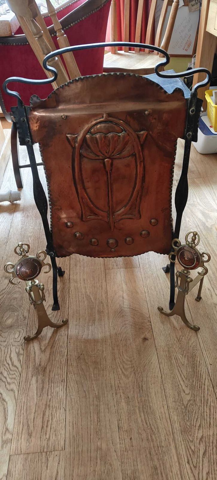 Arts And Crafts Copper And Wrought Fireguard And Copper And Brass Fire Dogs (Andirons) photo for sale