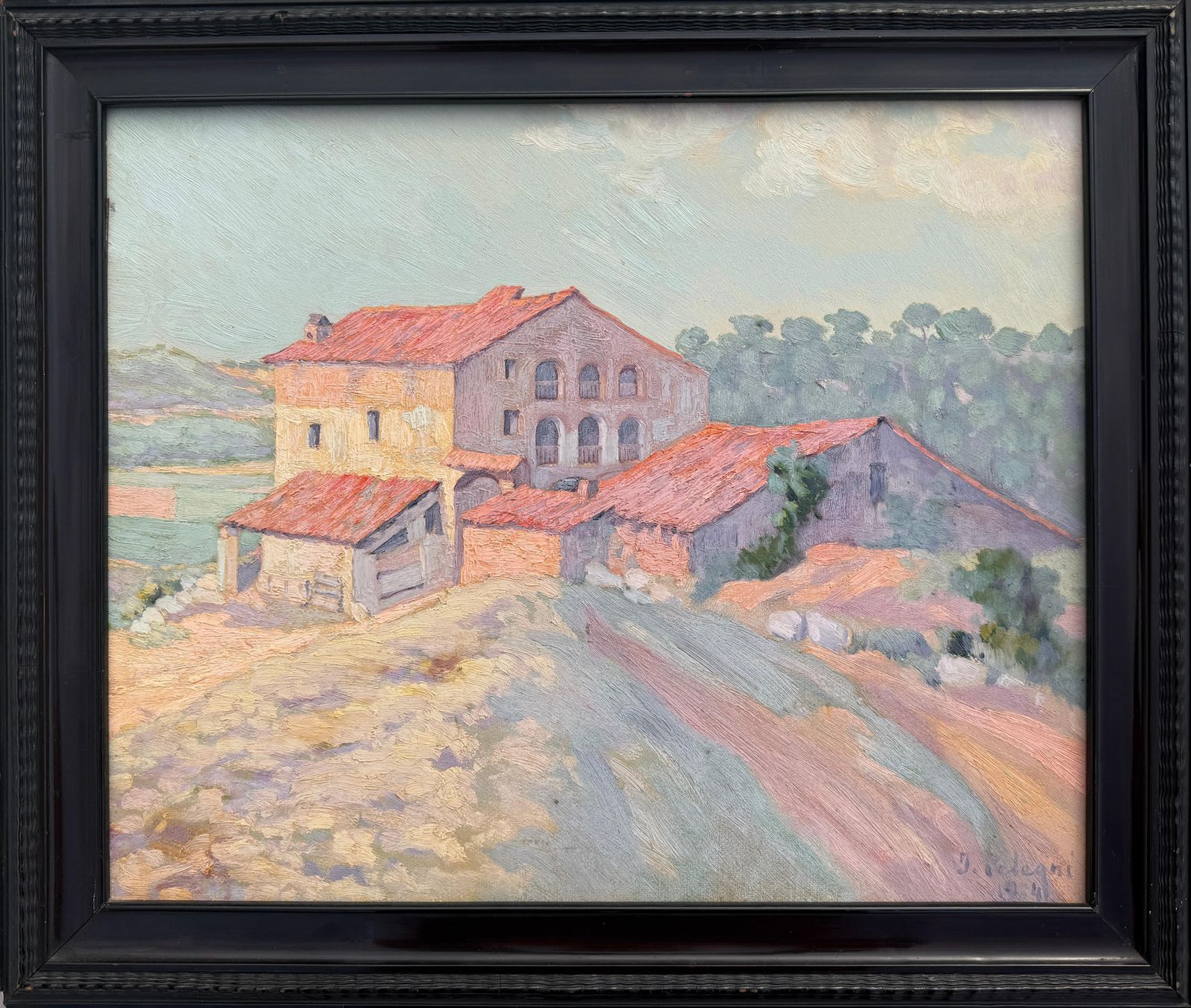 Josep Pelegrí Ferrer Spanish Landscape With Rural Architecture Oil Painting 1934 photo furniture
