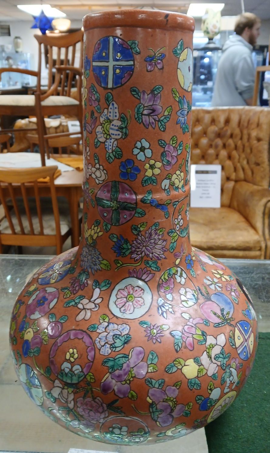 Pair Of Large Early C20th  Chinese Hand Painted Porcelain Flask Shaped Vases photo vinterior