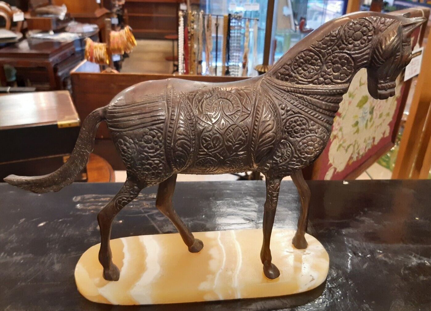 Vintage Hollow Cast Bronze Spanish Horse Set On Marble Base photo for sale