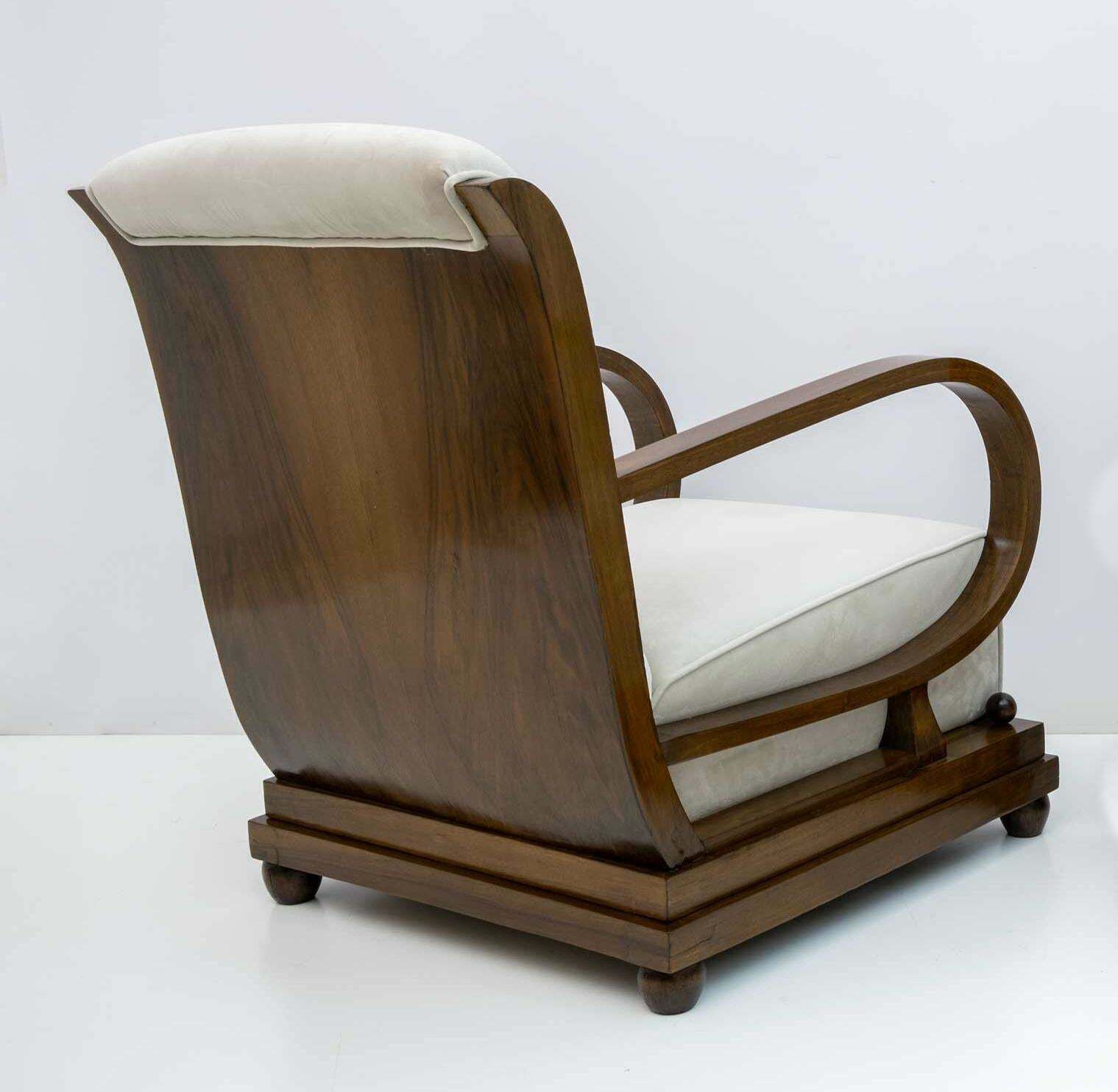 Pair Of Art Dèco Italian Walnut And Velvet Armchairs And Ottomans, 1920s photo for sale