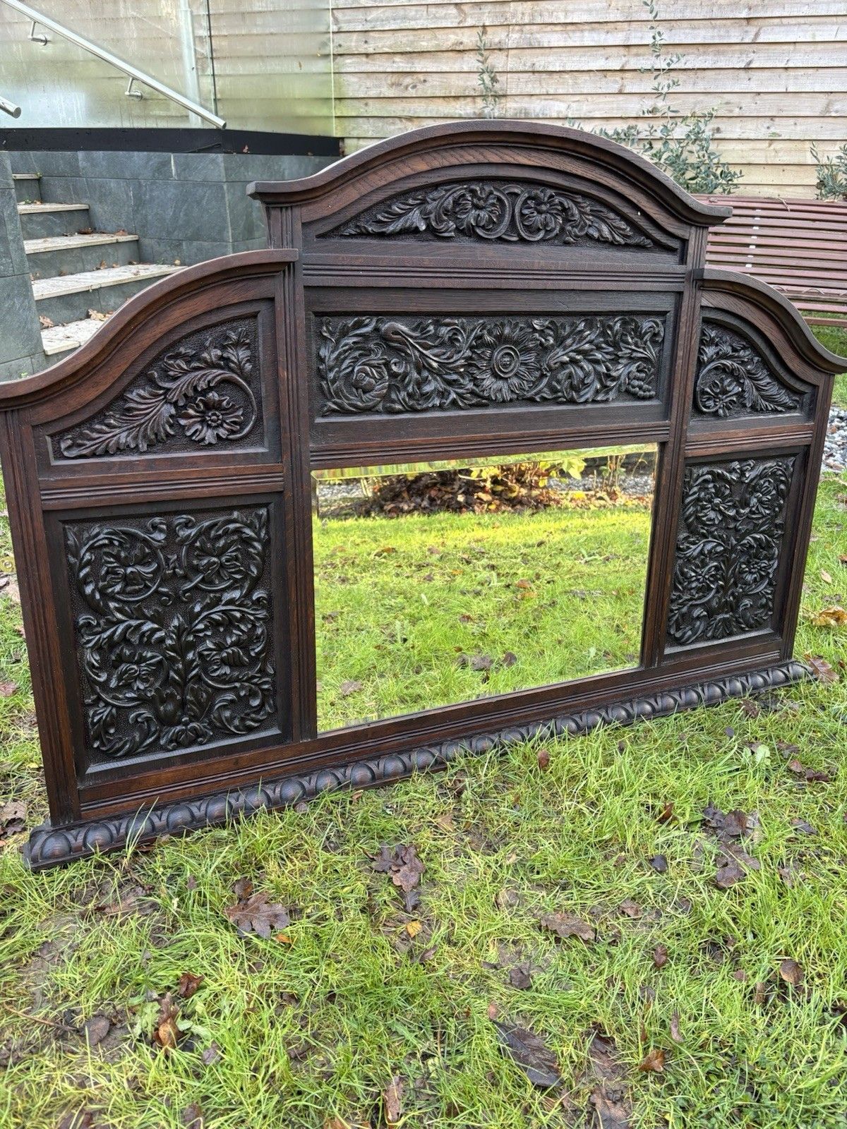 Antique Carved Oak Jacobean Revival Mirror Period Mantle Sideboard Old Bevelled photo buy