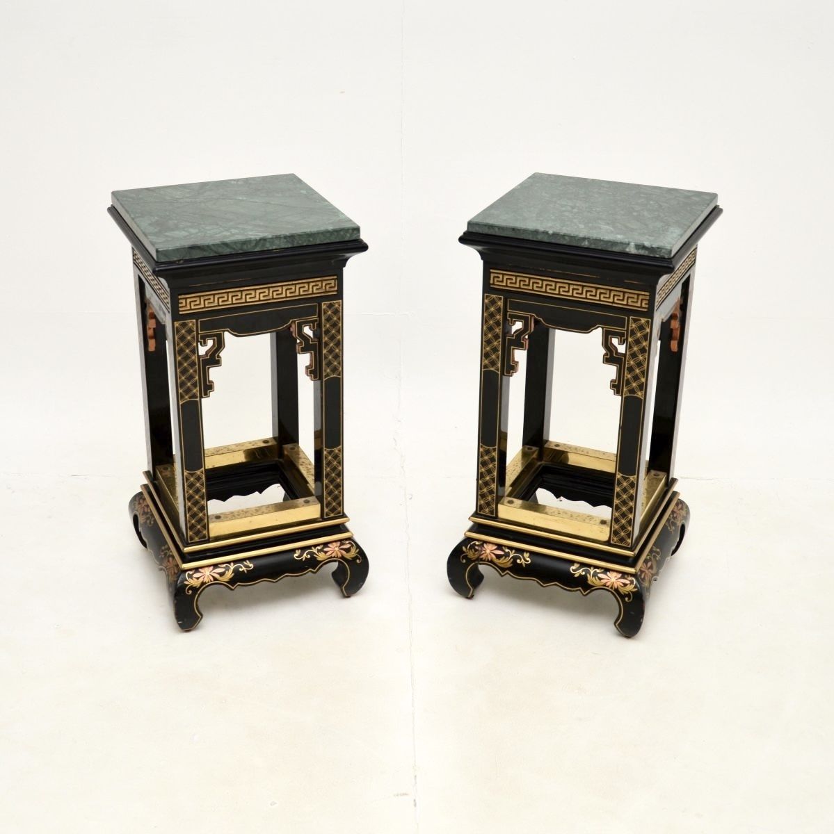 Pair Of Antique Lacquered Chinoiserie Marble Top Side Tables