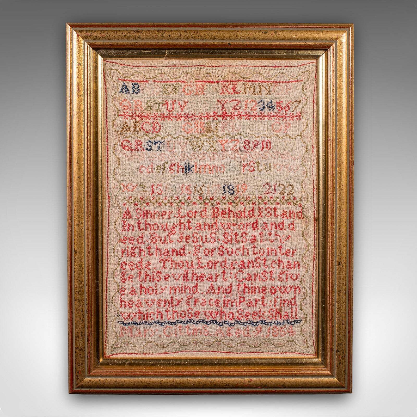 Antique Needlework Sampler, English, Framed, Embroidery Panel, Victorian, C.1854 photo furniture