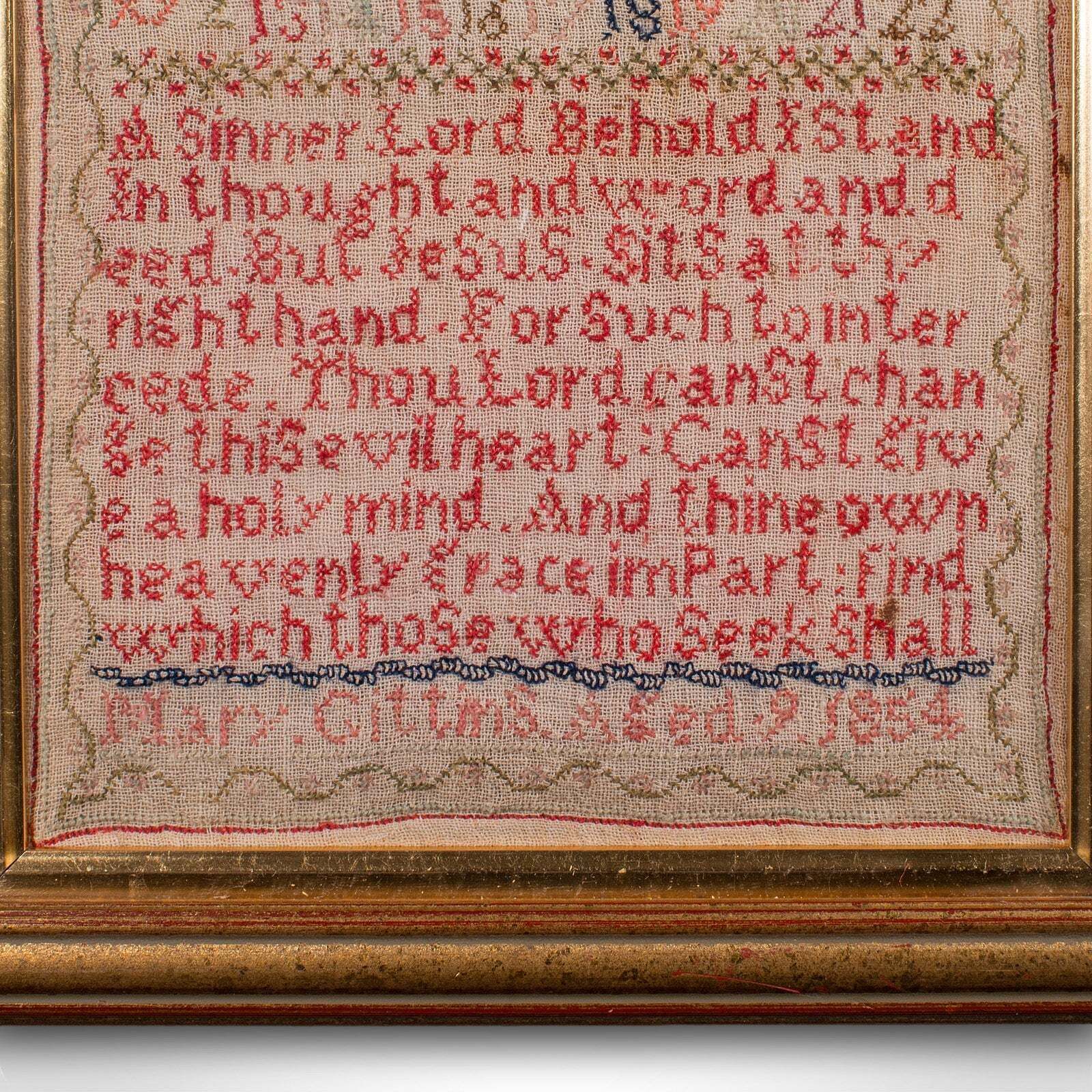 Antique Needlework Sampler, English, Framed, Embroidery Panel, Victorian, C.1854 photo 914.0