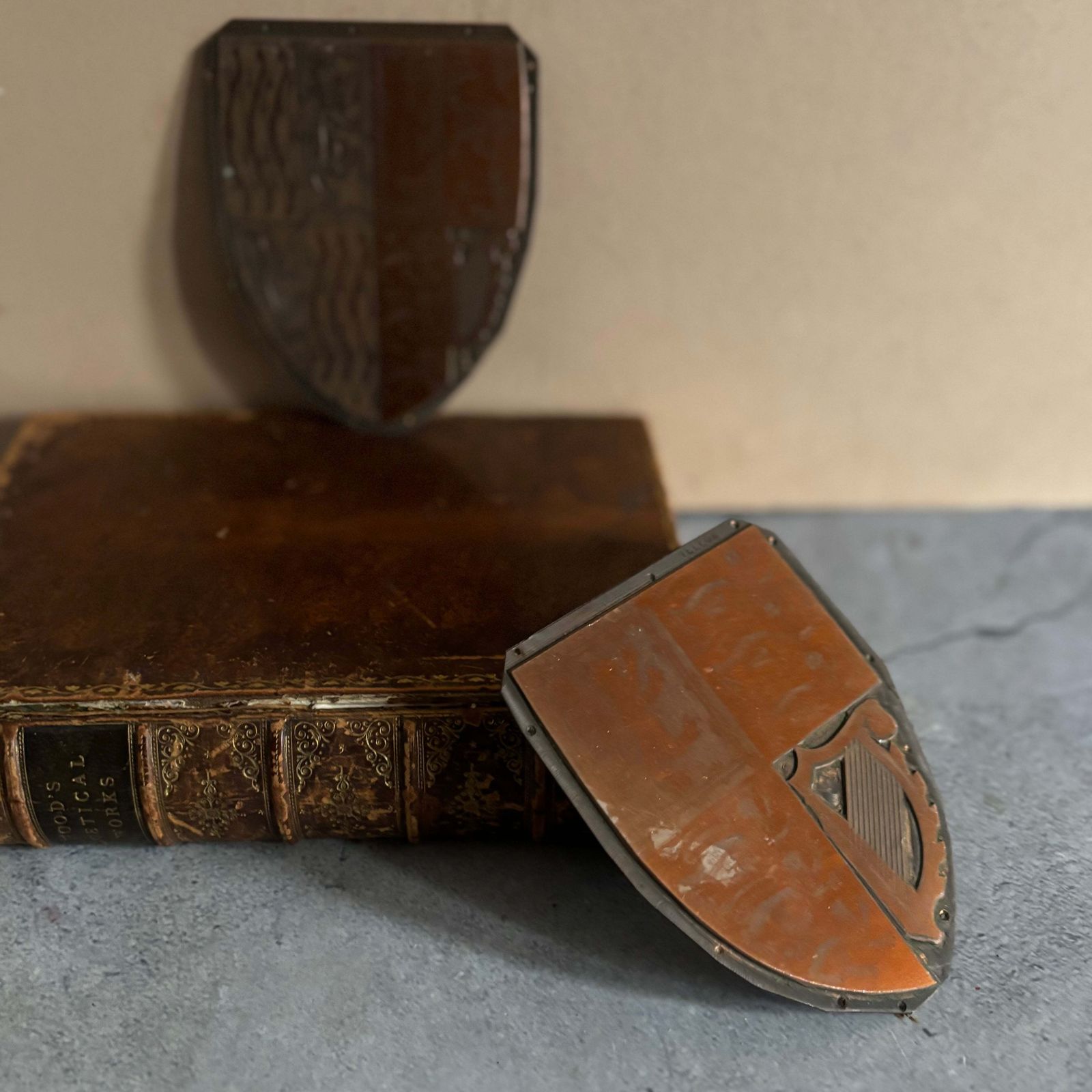Antique Etched Copper Royal Shield Printing Plates photo for sale