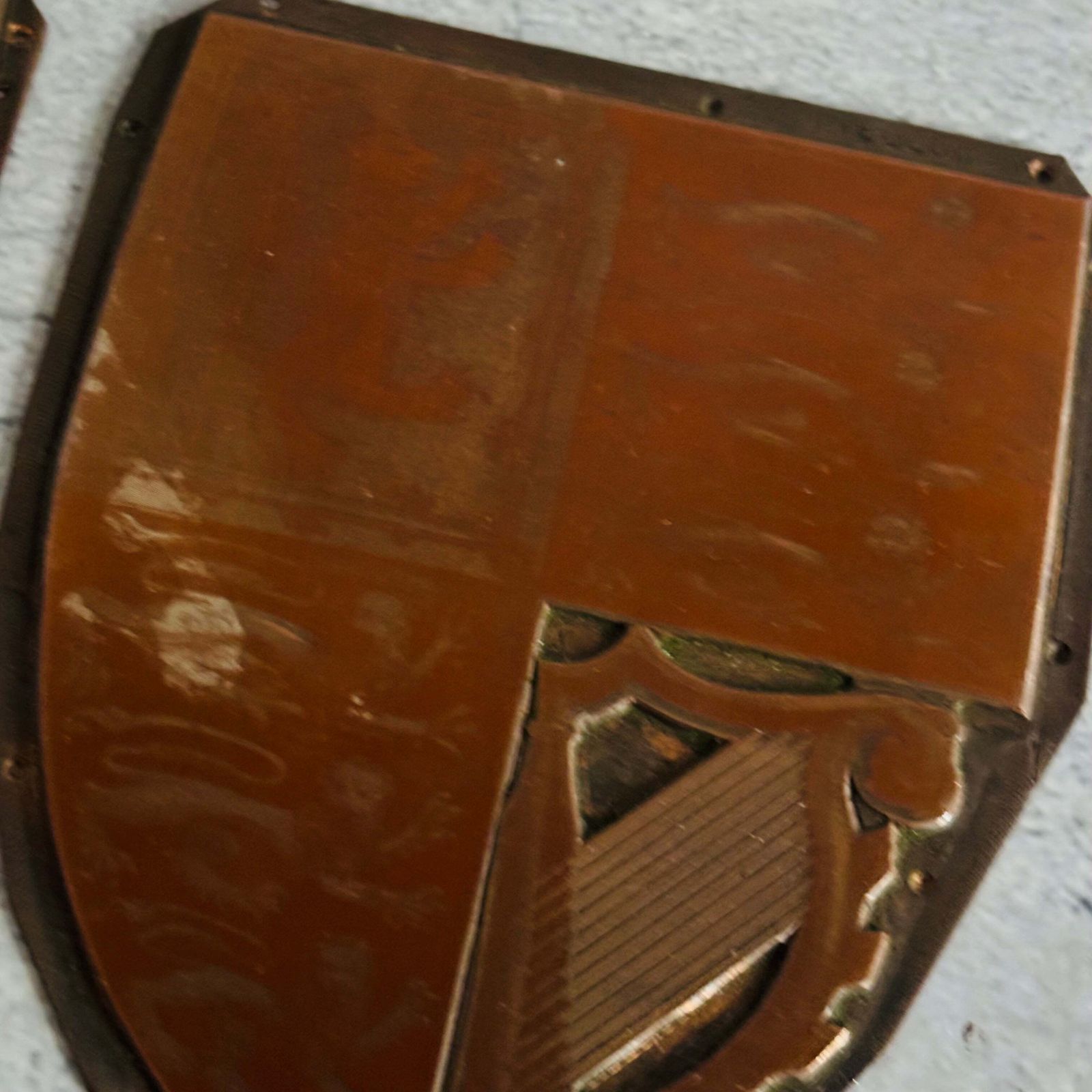 Antique Etched Copper Royal Shield Printing Plates photo vinterior