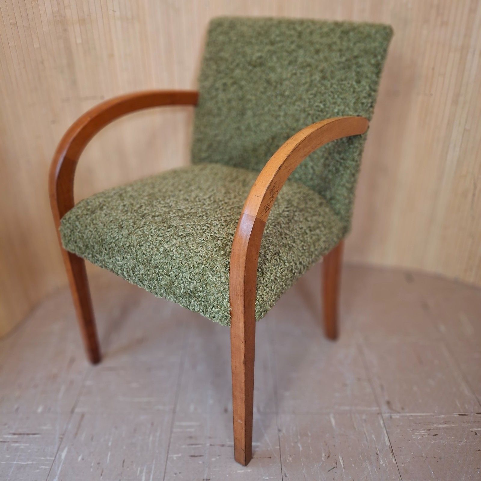 Fab Vintage Art Deco Style Beech Bentwood Bridge Chair Soft Khaki Green Boucle photo Furniture