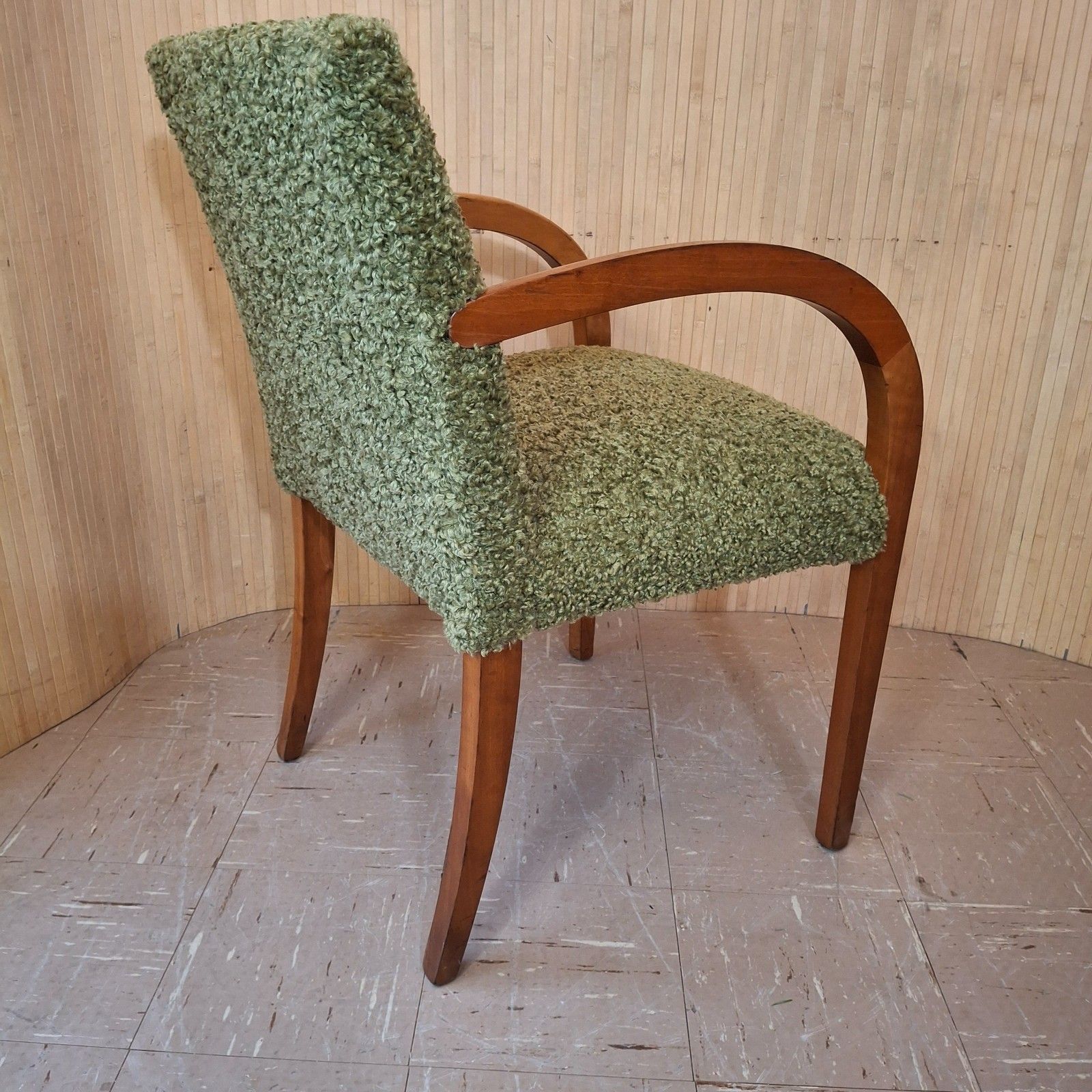 Furniture Fab Vintage Art Deco Style Beech Bentwood Bridge Chair Soft Khaki Green Boucle photo