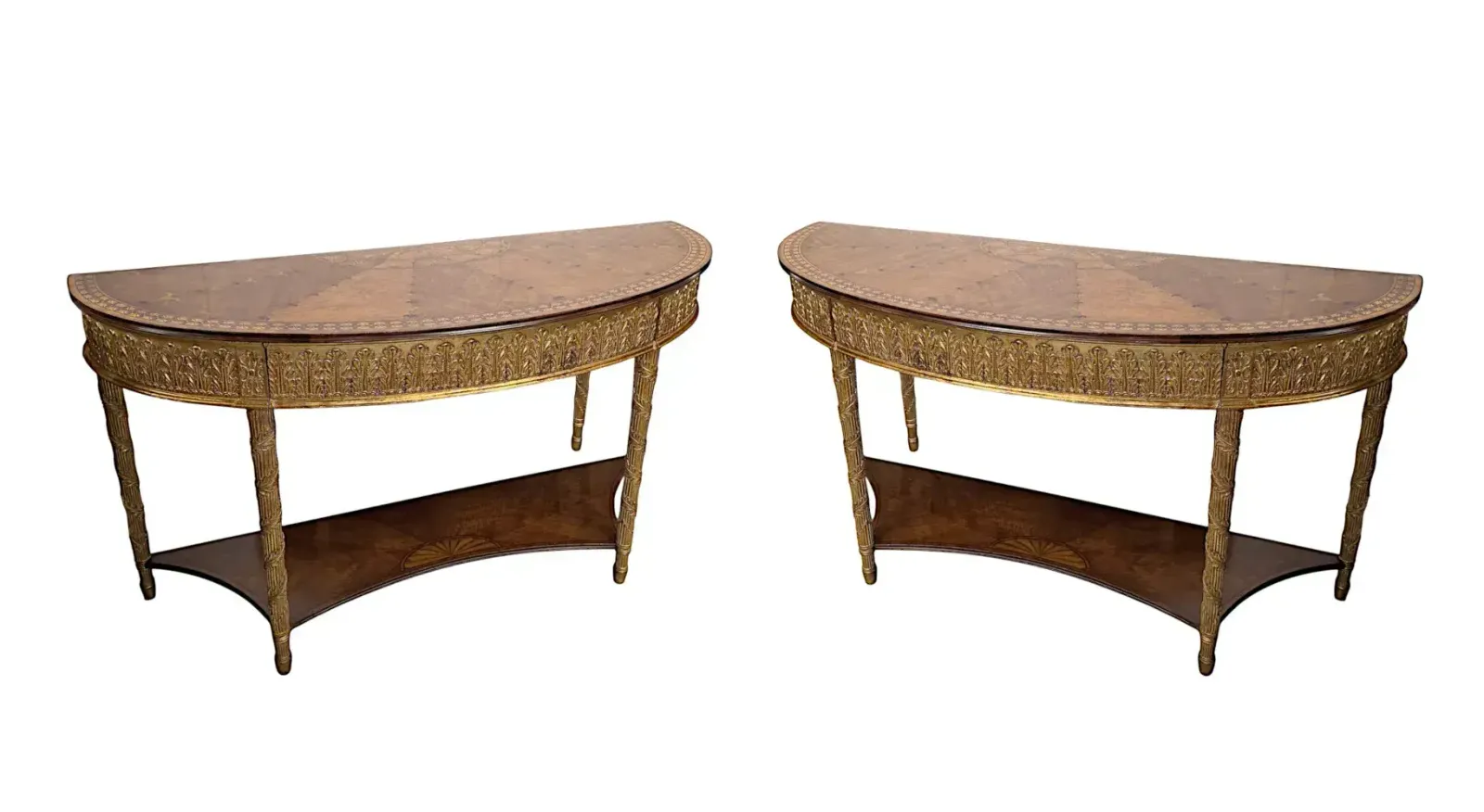 A Very Fine Pair Of Hand Made 20th Century Parcel Gilt And Inlaid Demilune Console Tables