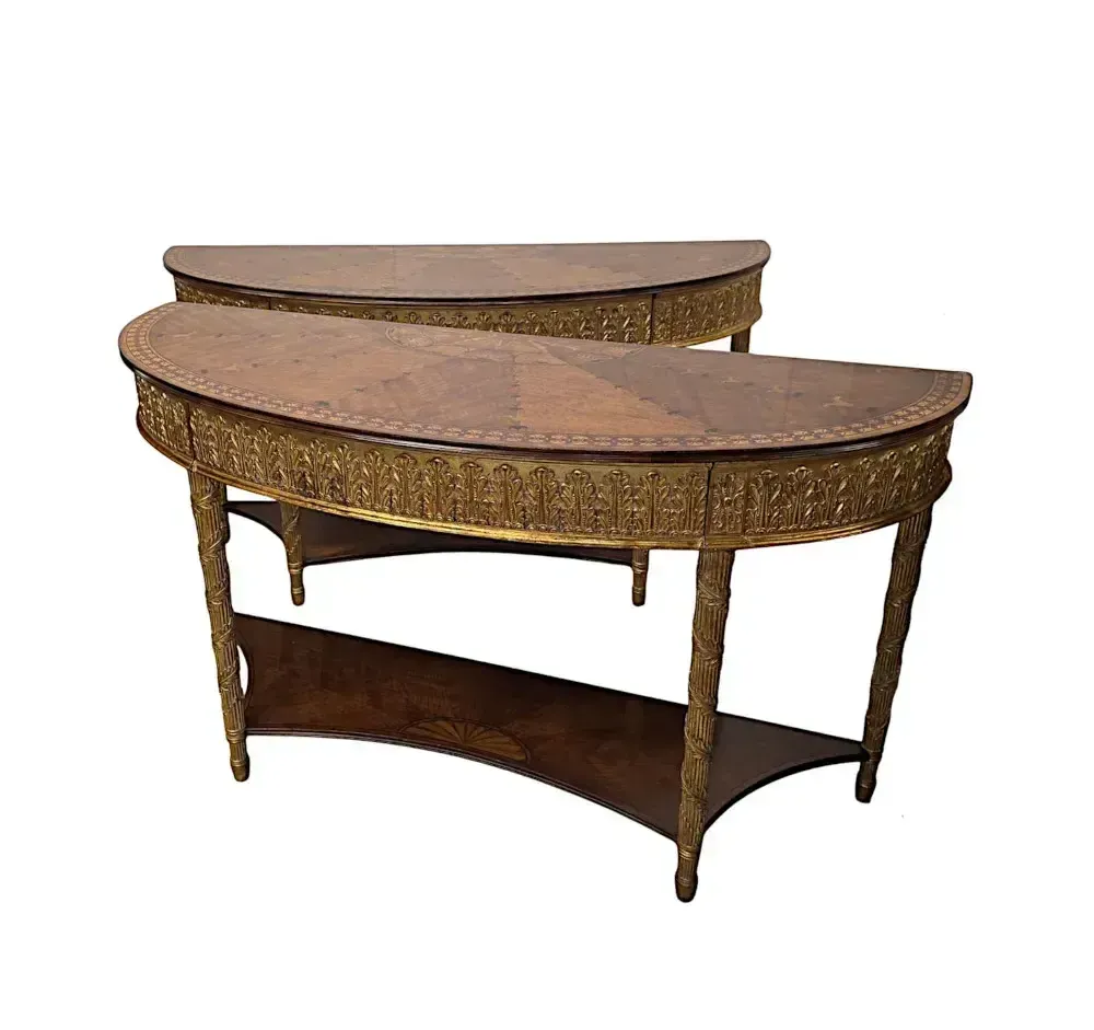 photo furniture A Very Fine Pair Of Hand Made 20th Century Parcel Gilt And Inlaid Demilune Console Tables