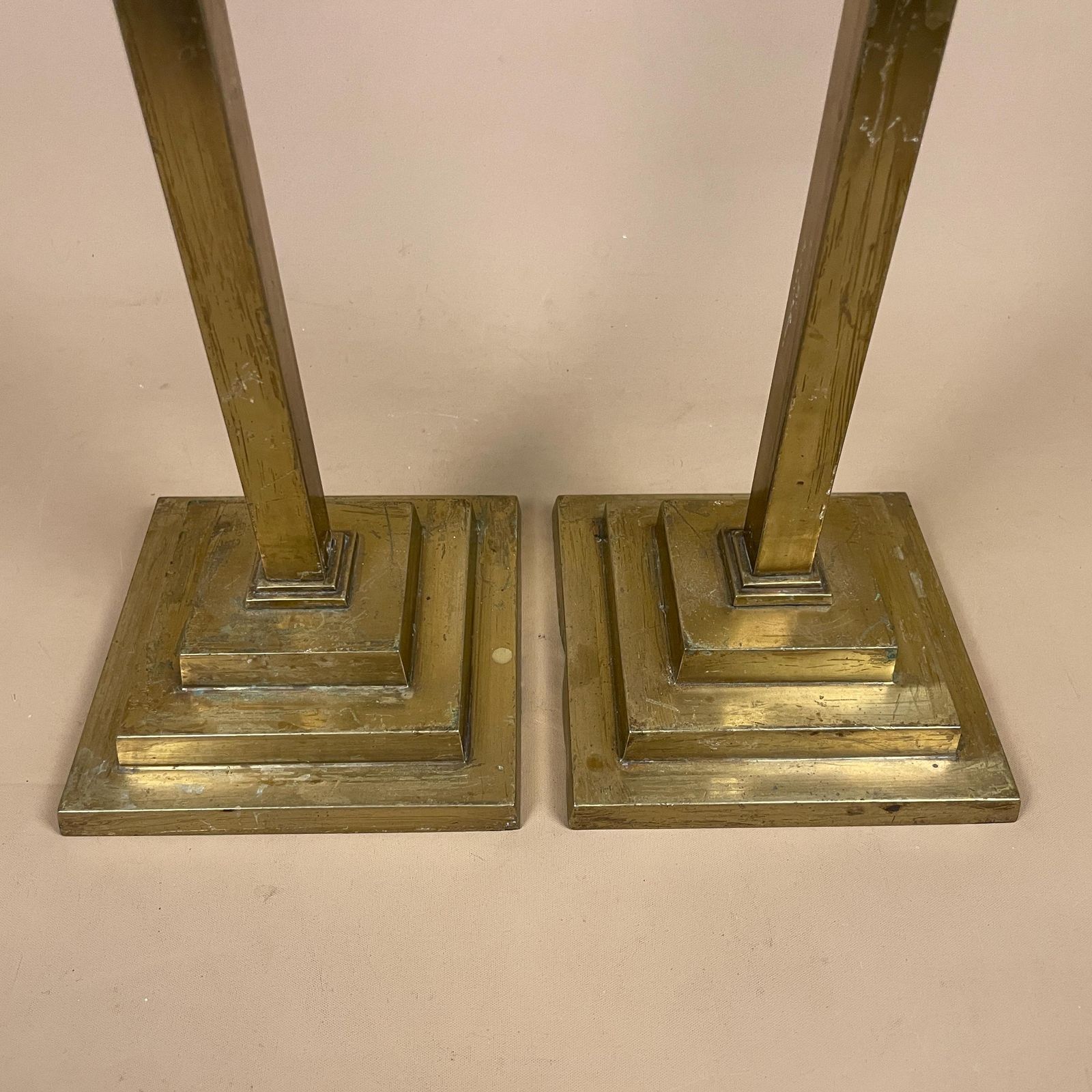 Large Antique Matching Pair Of Gold Brass Metal Candlestick Candle Stick Vintage Column Taper Dinner Candlesticks Square Base Set photo Home Decor