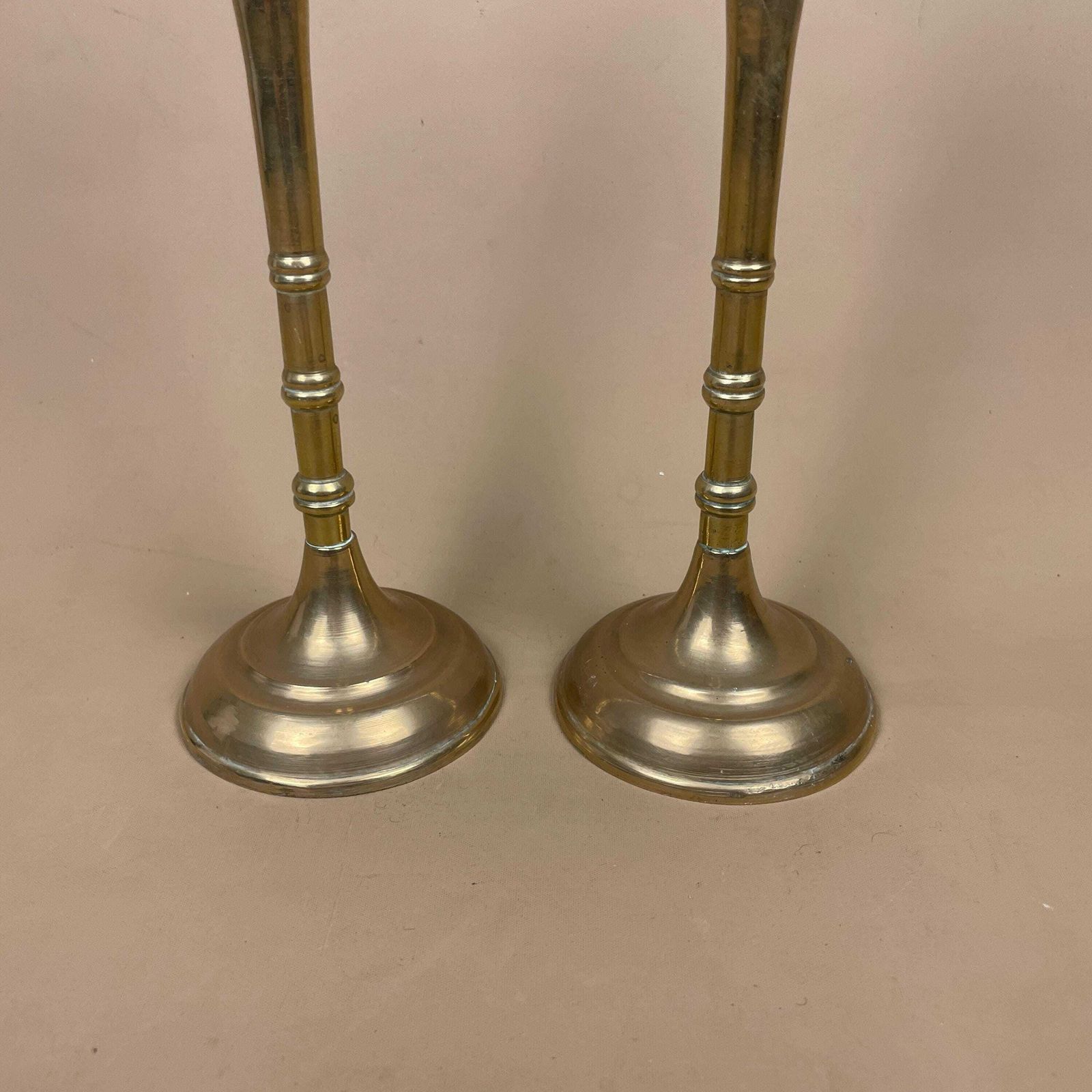 Antique Matching Pair Of Gold Brass Metal Candlestick Candle Stick Vintage Column Taper Dinner Candlesticks Round Base Column Thin Stem photo 59.0