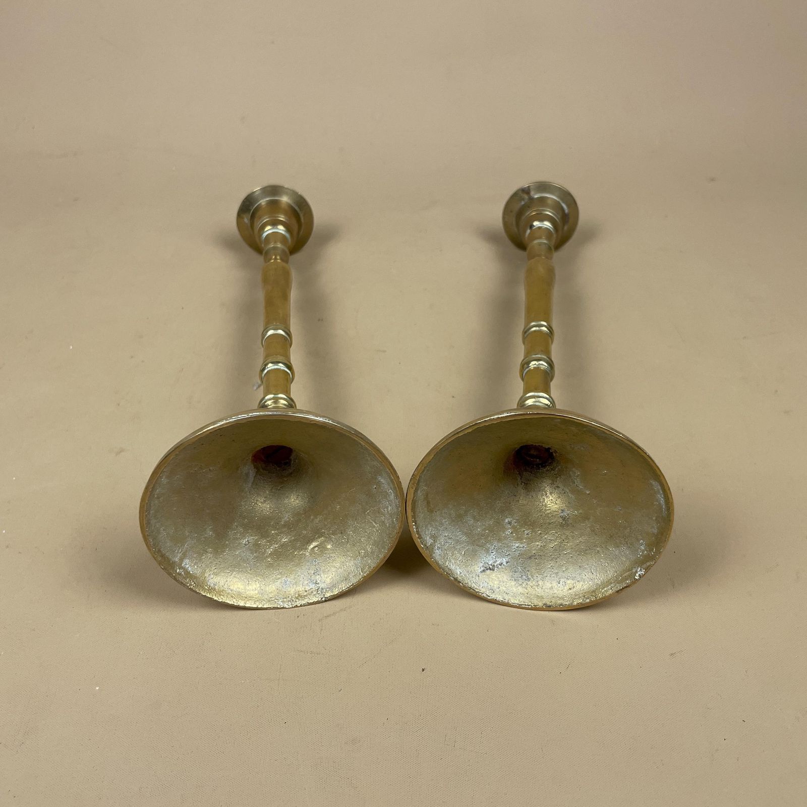 Antique Matching Pair Of Gold Brass Metal Candlestick Candle Stick Vintage Column Taper Dinner Candlesticks Round Base Column Thin Stem photo vintage