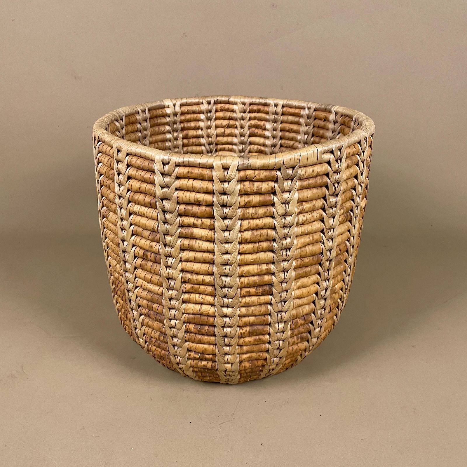 Wicker Paper Basket Bin Woven Wood Vintage Brown Handmade Rubbish Bin Trash Boho Office Bin Oriental Cylinder Round Seagrass Antique photo for sale