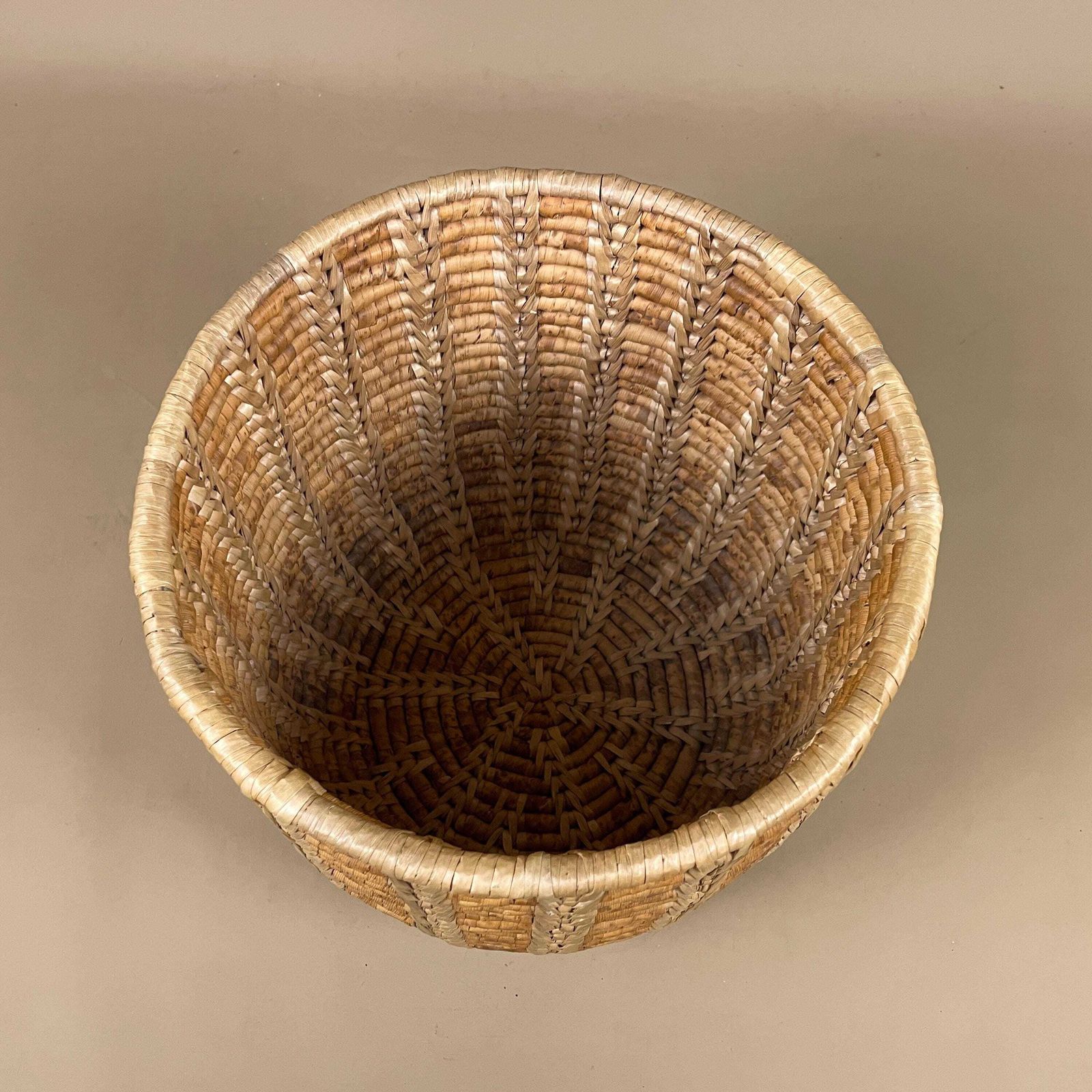 Wicker Paper Basket Bin Woven Wood Vintage Brown Handmade Rubbish Bin Trash Boho Office Bin Oriental Cylinder Round Seagrass Antique photo vintage