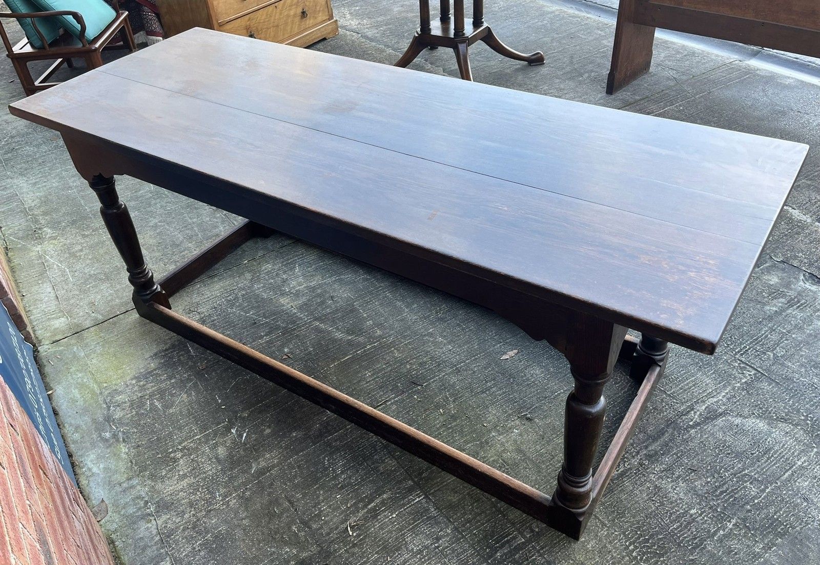 Vintage Oak Four Stretcher 7 Foot Monastic Banqueting Refectory Dining Table photo furniture