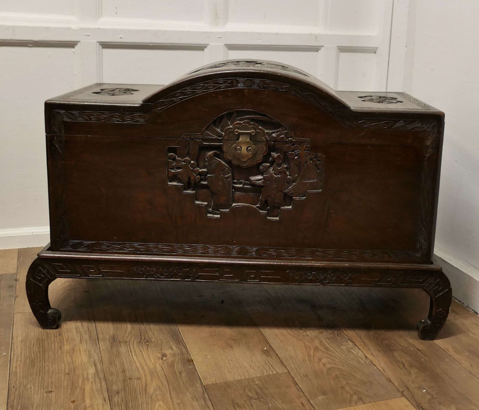 Art Deco Oriental Carved Camphor Wood Chest On Stand