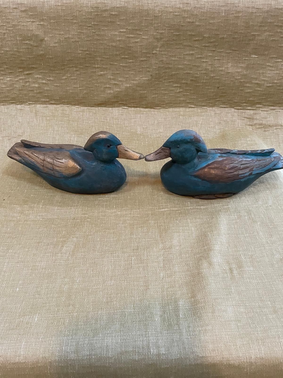 Two Belgian Wooden Decoy Ducks. Early Painted Folk Art Rustic Wood Birds. photo vintage