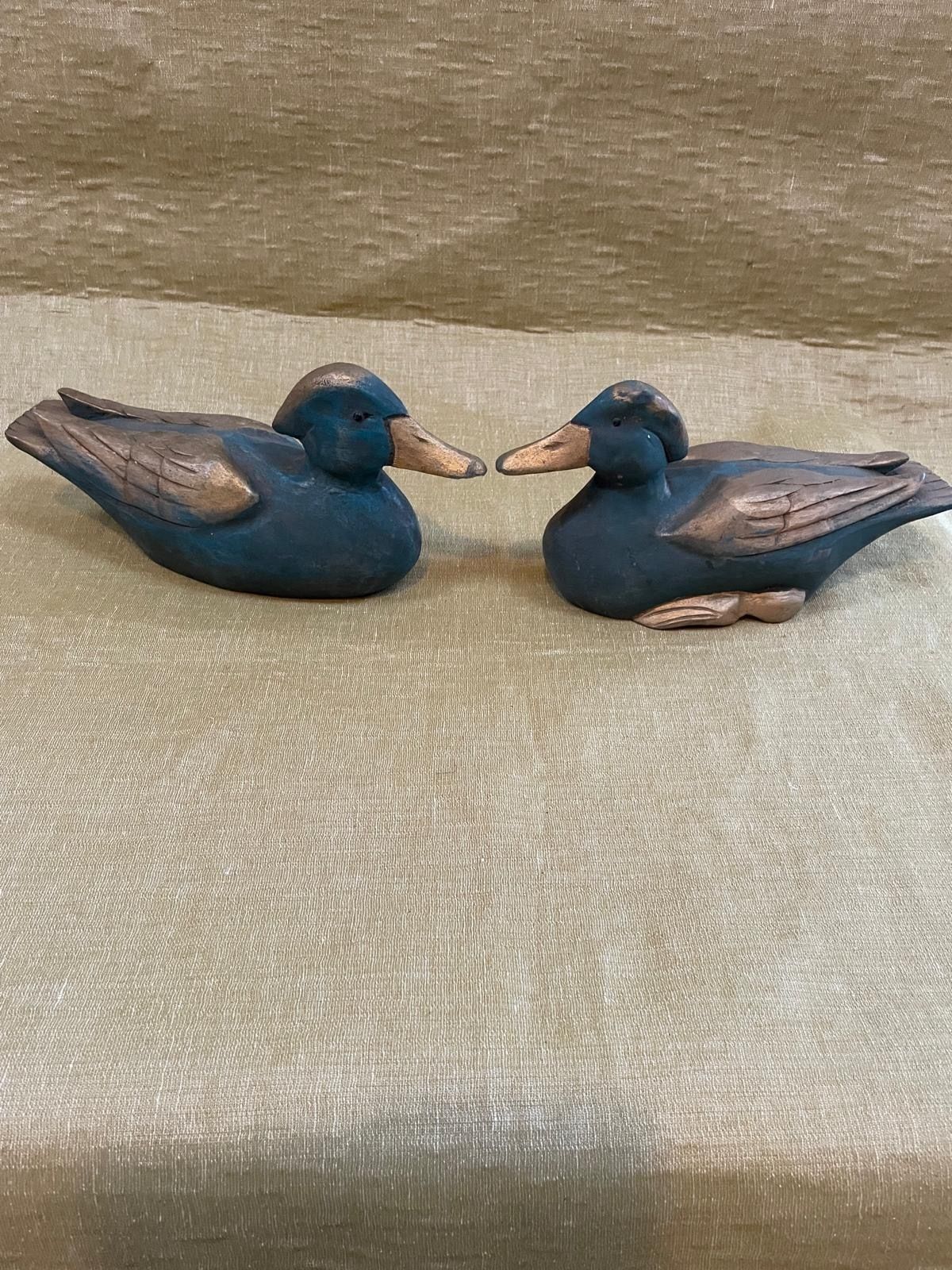 Home Decor Two Belgian Wooden Decoy Ducks. Early Painted Folk Art Rustic Wood Birds. photo