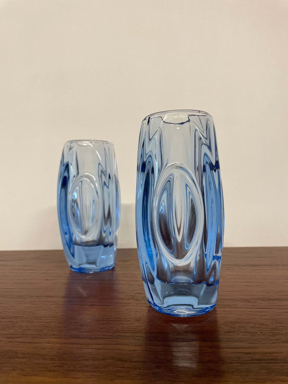 Pair Of Mid Century Blue Art Glass Vases By Rudolf Schrötter For Rosice | Czech Glass 1960s photo Home Decor