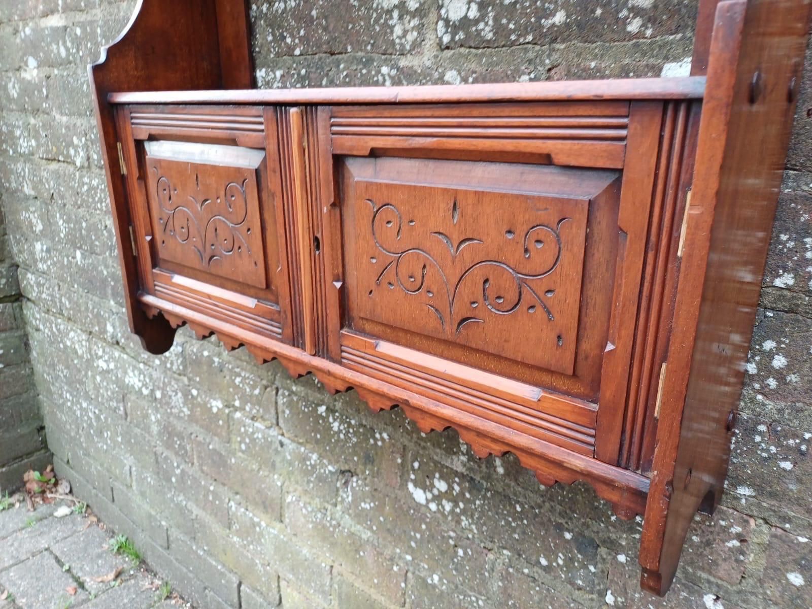 Victorian Mahogany Wall Cabinet With Shelves, Carved Doors, Antique English Furniture photo vintage