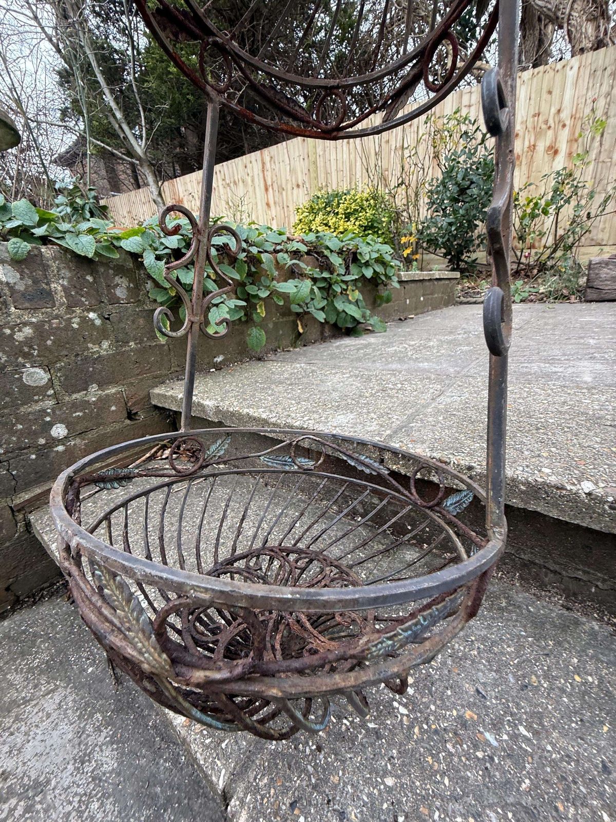 Vintage Wrought Iron Hanging Plant Stand With Basket, Vintage Jardiniere, Hanging Basket, 1970s Garden Decor 2 photo vinterior