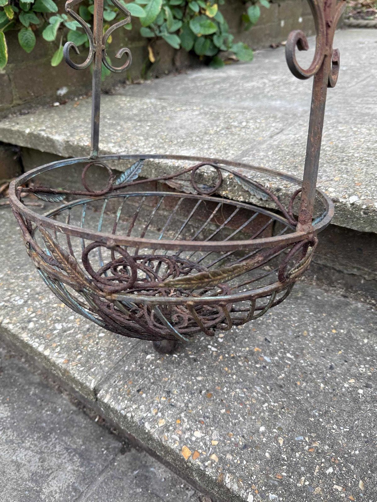 Vintage Wrought Iron Hanging Plant Stand With Basket, Vintage Jardiniere, Hanging Basket, 1970s Garden Decor (1) photo 145.0