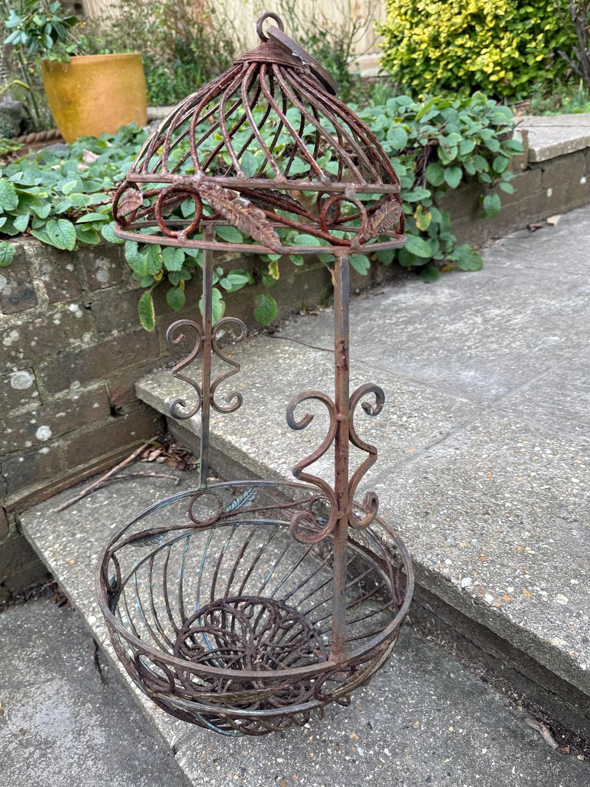 145.0 Vintage Wrought Iron Hanging Plant Stand With Basket, Vintage Jardiniere, Hanging Basket, 1970s Garden Decor (1) photo