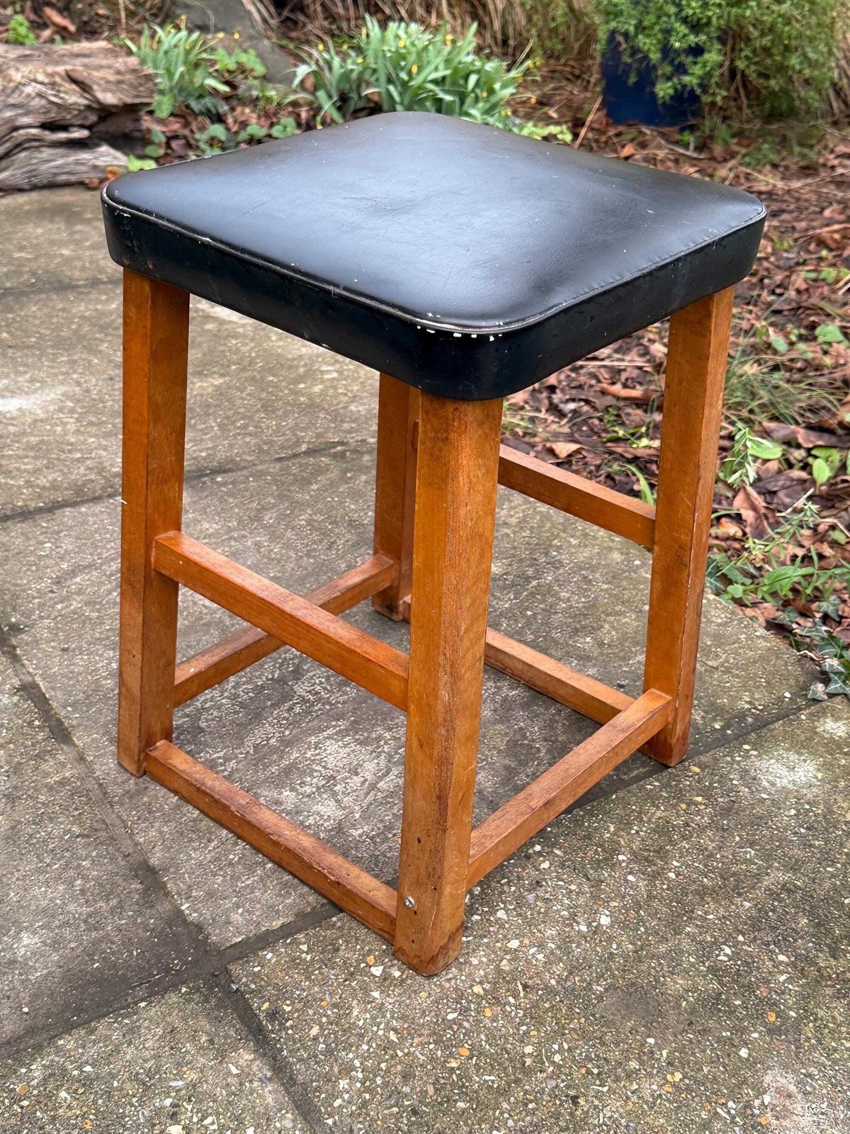 Mid Century Utility Stool 1940s 1950s Wooden Kitchen Workshop Stool Vinyl Seat photo furniture
