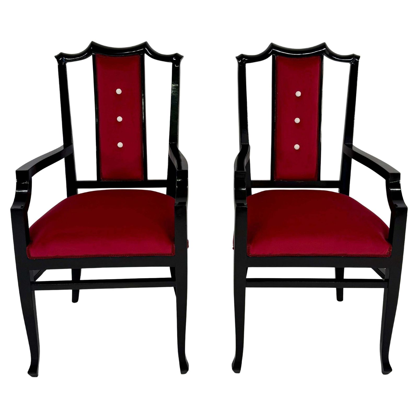 Pair Of Italian Armchairs In Black Lacquered Wood And Red Velvet