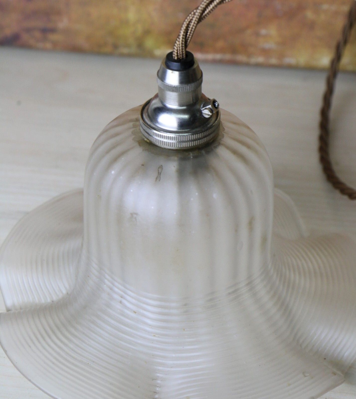 Ceiling Light Antique Small Edwardian Frosted Glass Pendant Hand Frilled & Lined photo buy