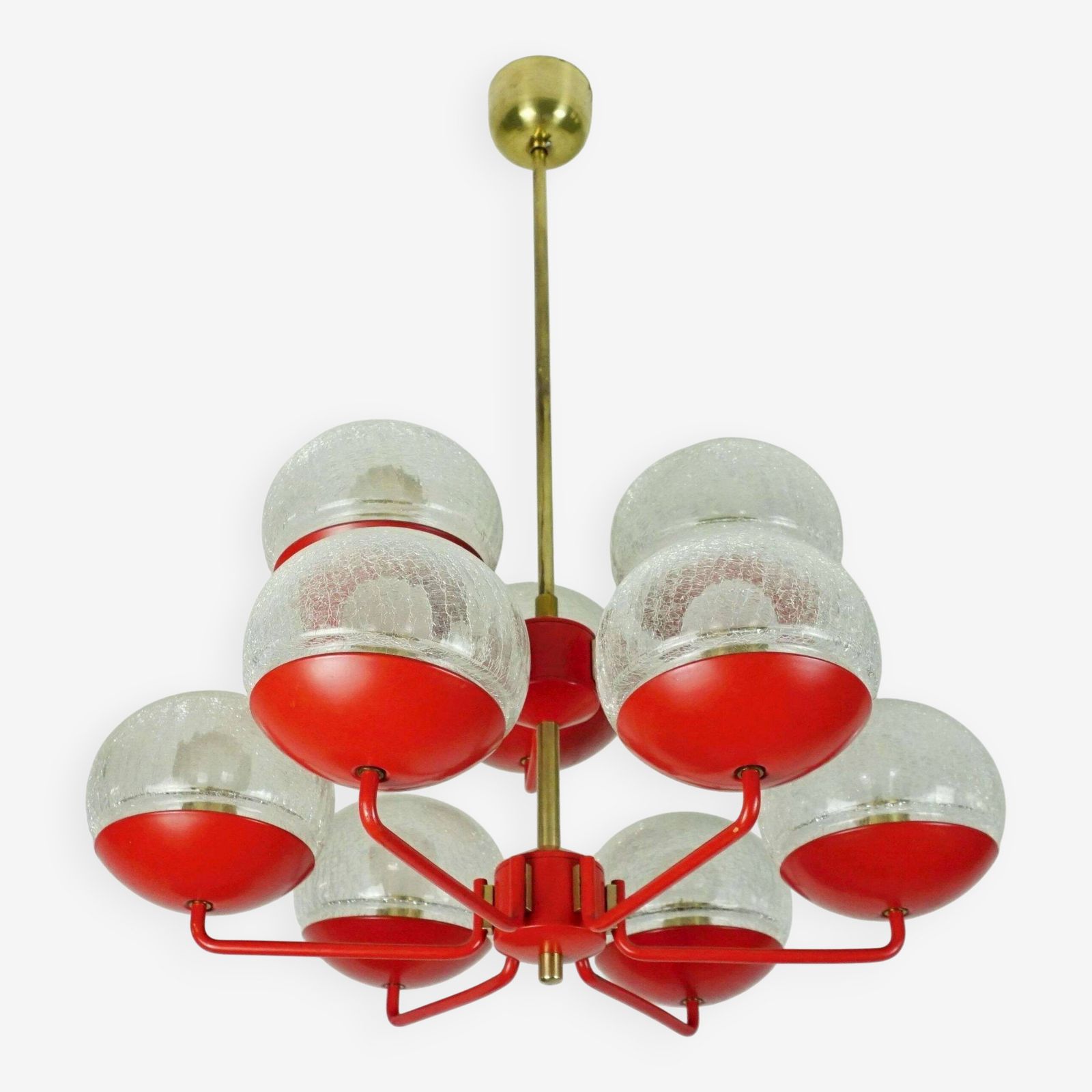 1960s Style Light Up Hat, Red Metal And Brass, With 9 Crackled Glass Shades
