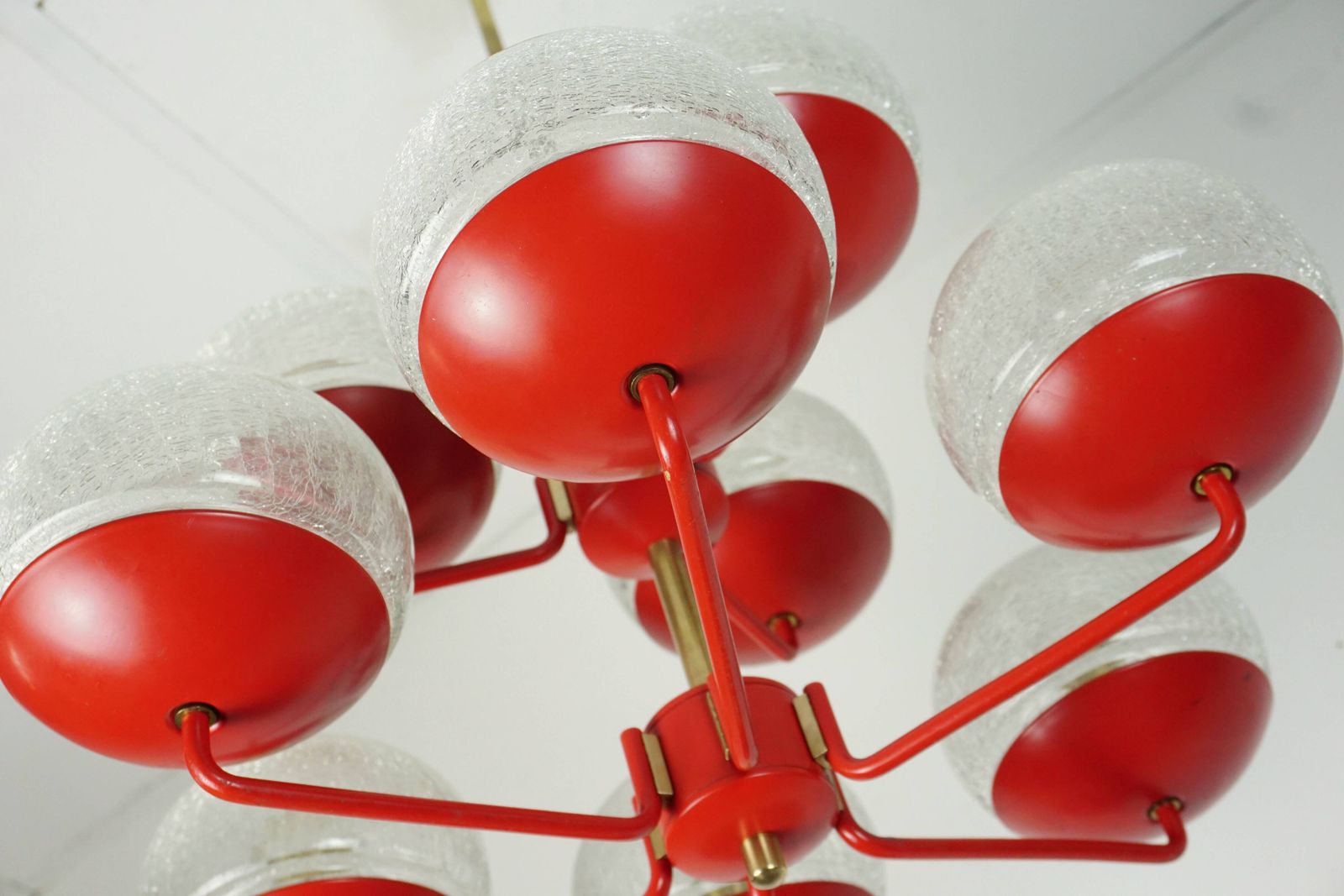 1960s Style Light Up Hat, Red Metal And Brass, With 9 Crackled Glass Shades photo 960.0
