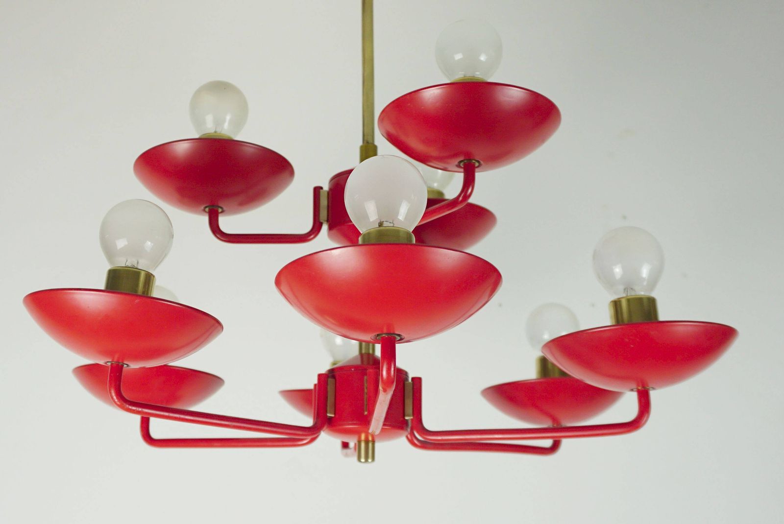 1960s Style Light Up Hat, Red Metal And Brass, With 9 Crackled Glass Shades photo vintage