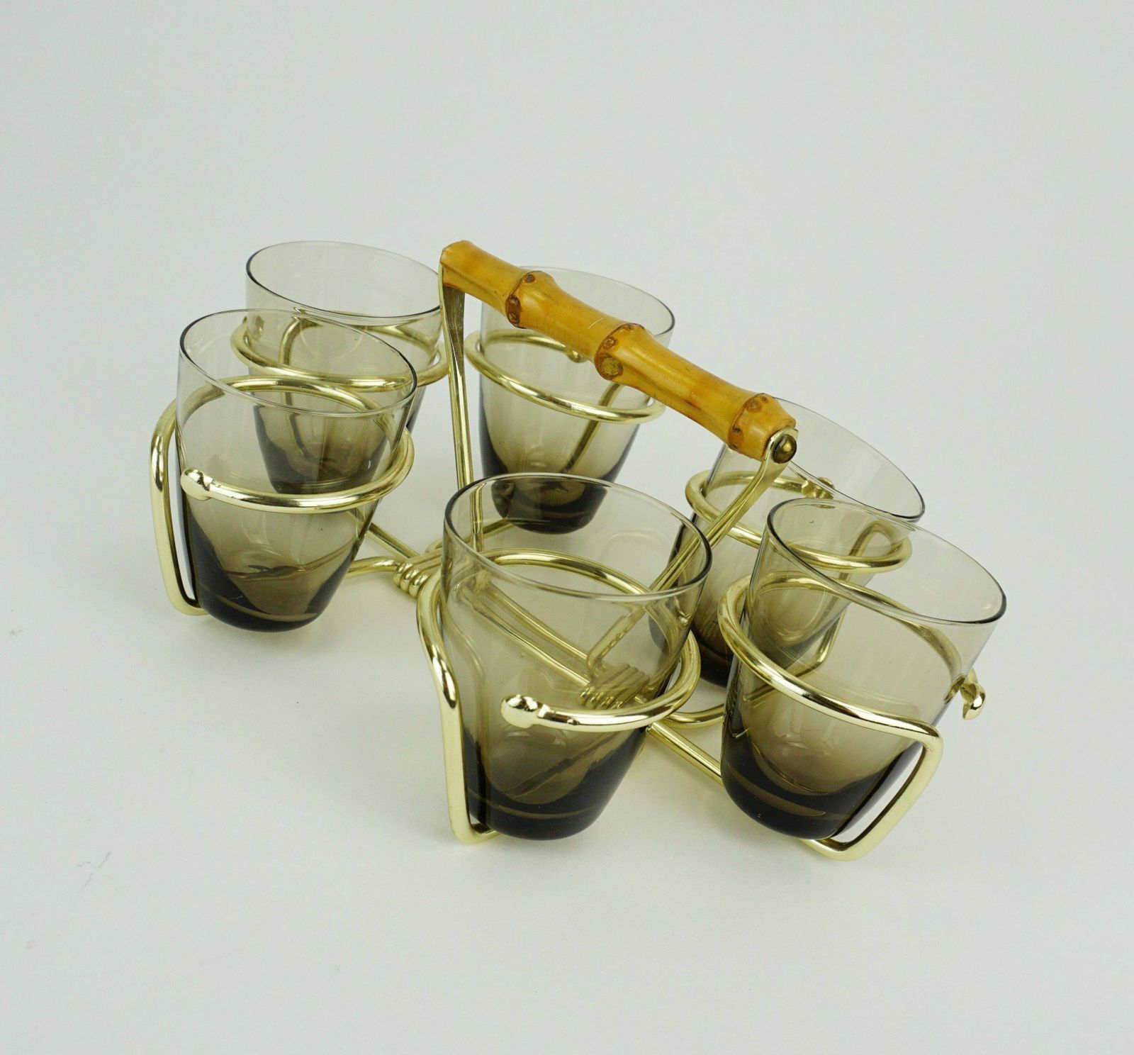 Set Of 6 Shot Glasses From The 1950s In A Brass Stand With A Bamboo Handle photo furniture