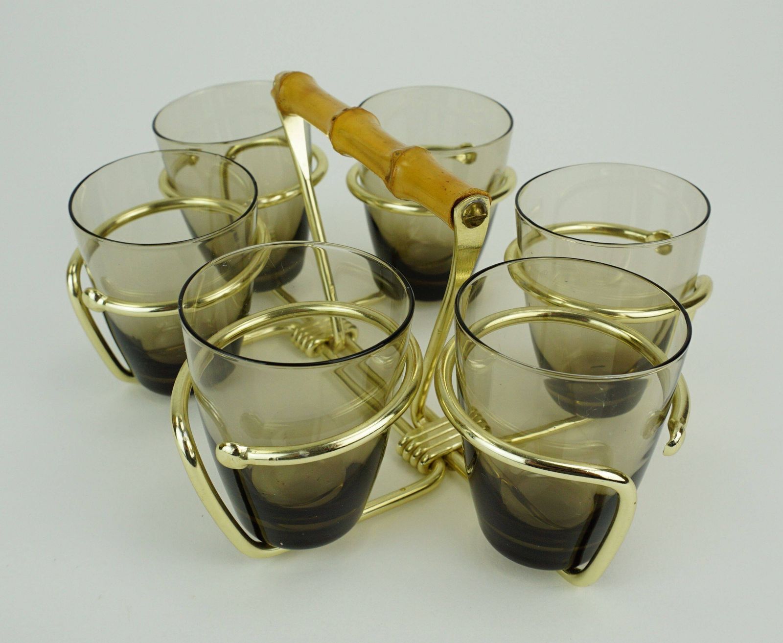 Set Of 6 Shot Glasses From The 1950s In A Brass Stand With A Bamboo Handle photo Woonaccessoires