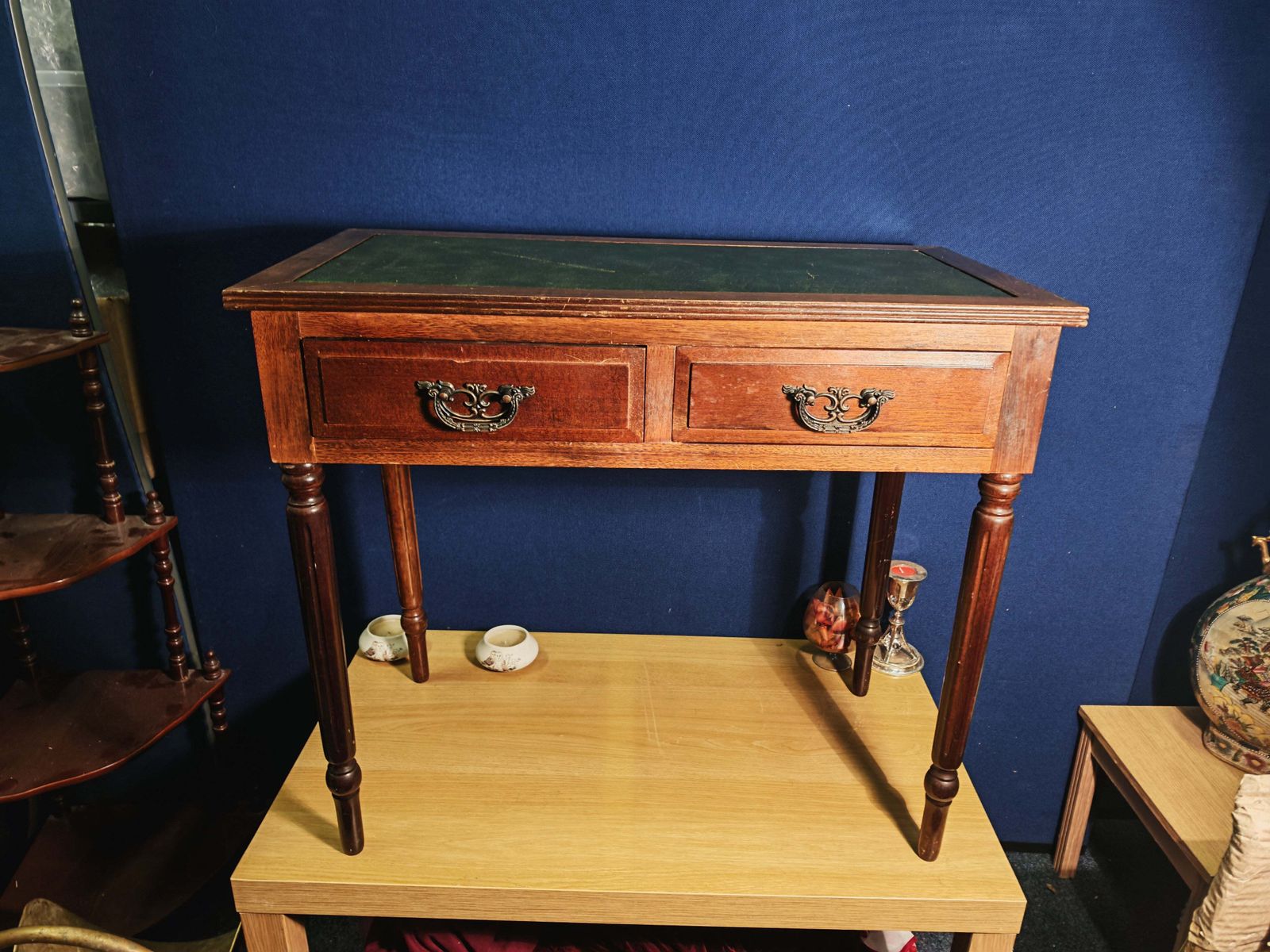 Vintage Mahogany And Mahogany Effect Hall And Side Tables With Green And Gilt Leather Tops   Four Styles