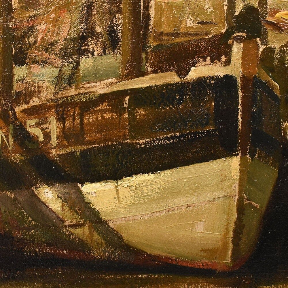 Antique Marine Painting With Boats, Seascape, 20th Century. photo buy