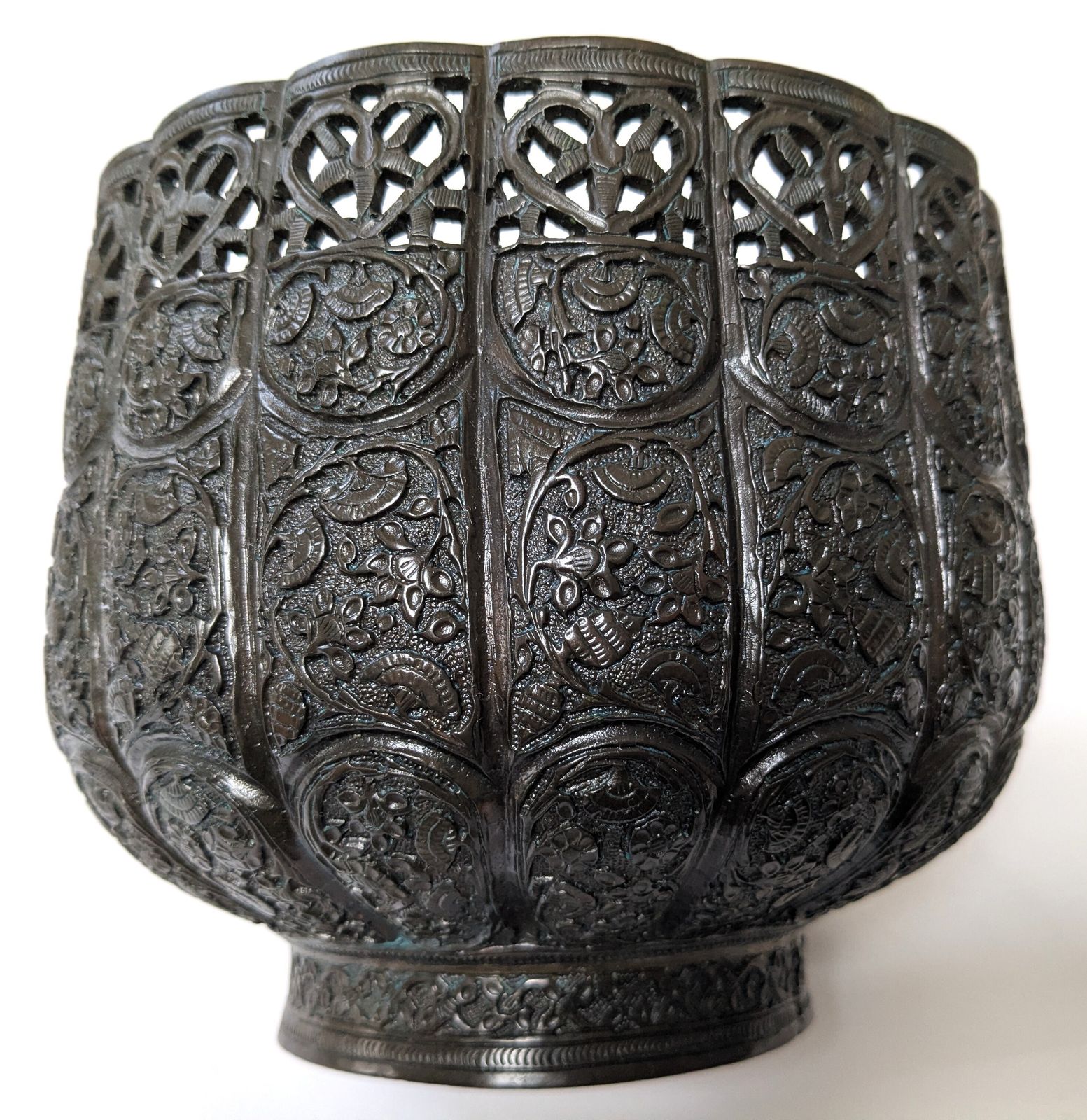 photo for sale Antique Islamic Kashmiri Copper Bowl / Planter With Cutwork And Relief Decoration